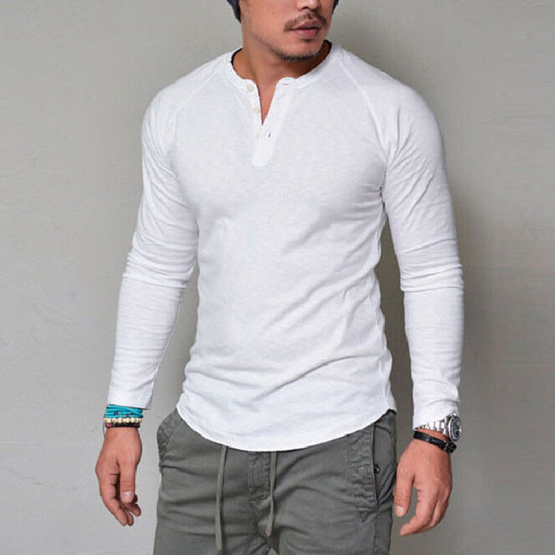 Men's Long Sleeve Cotton T-Shirt Solid Slim Fit Button Up Tops Blouse Tee Casual gallery
