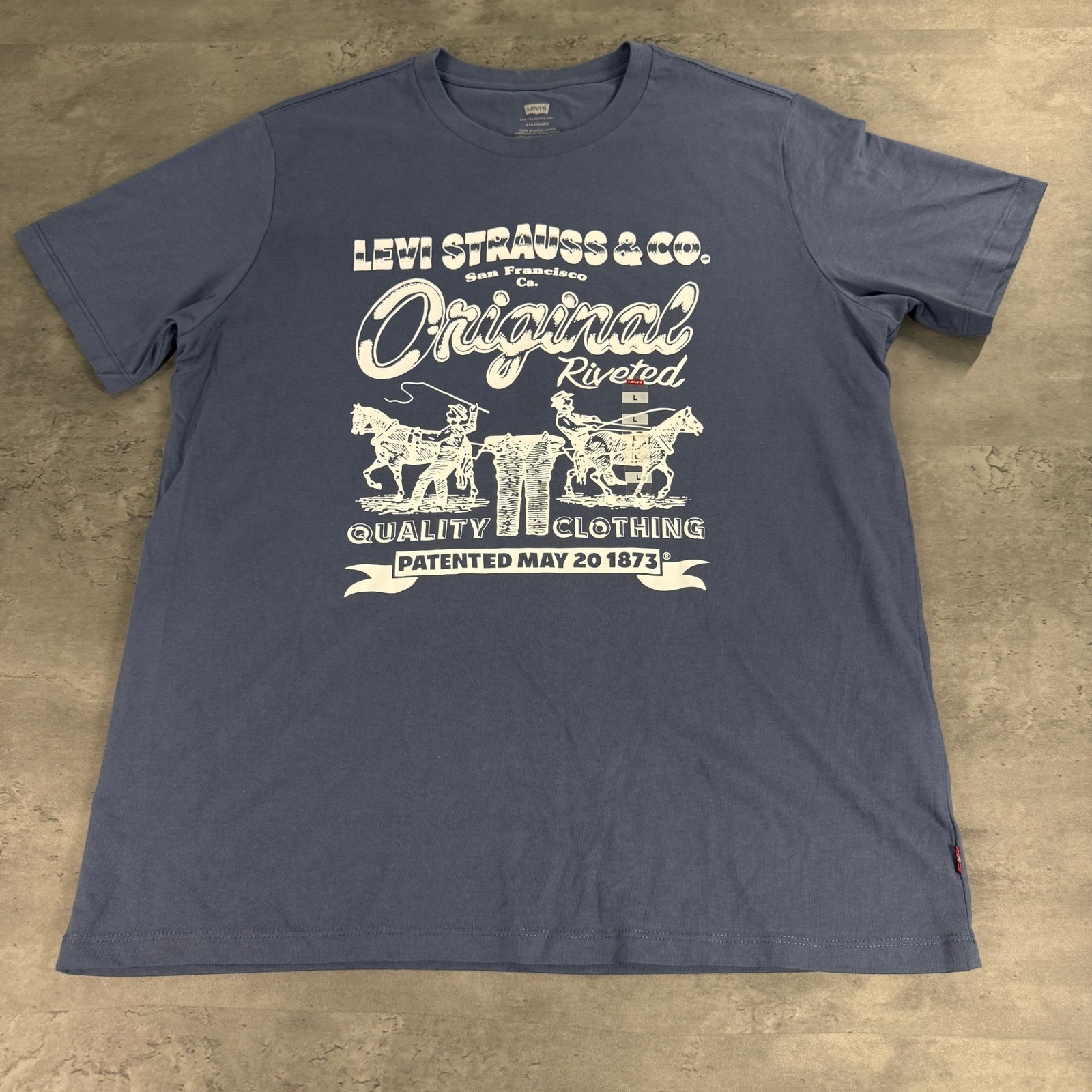 Levis Graphic T-Shirt Mens Large Blue Original Riveted Two Horse Logo Tee gallery