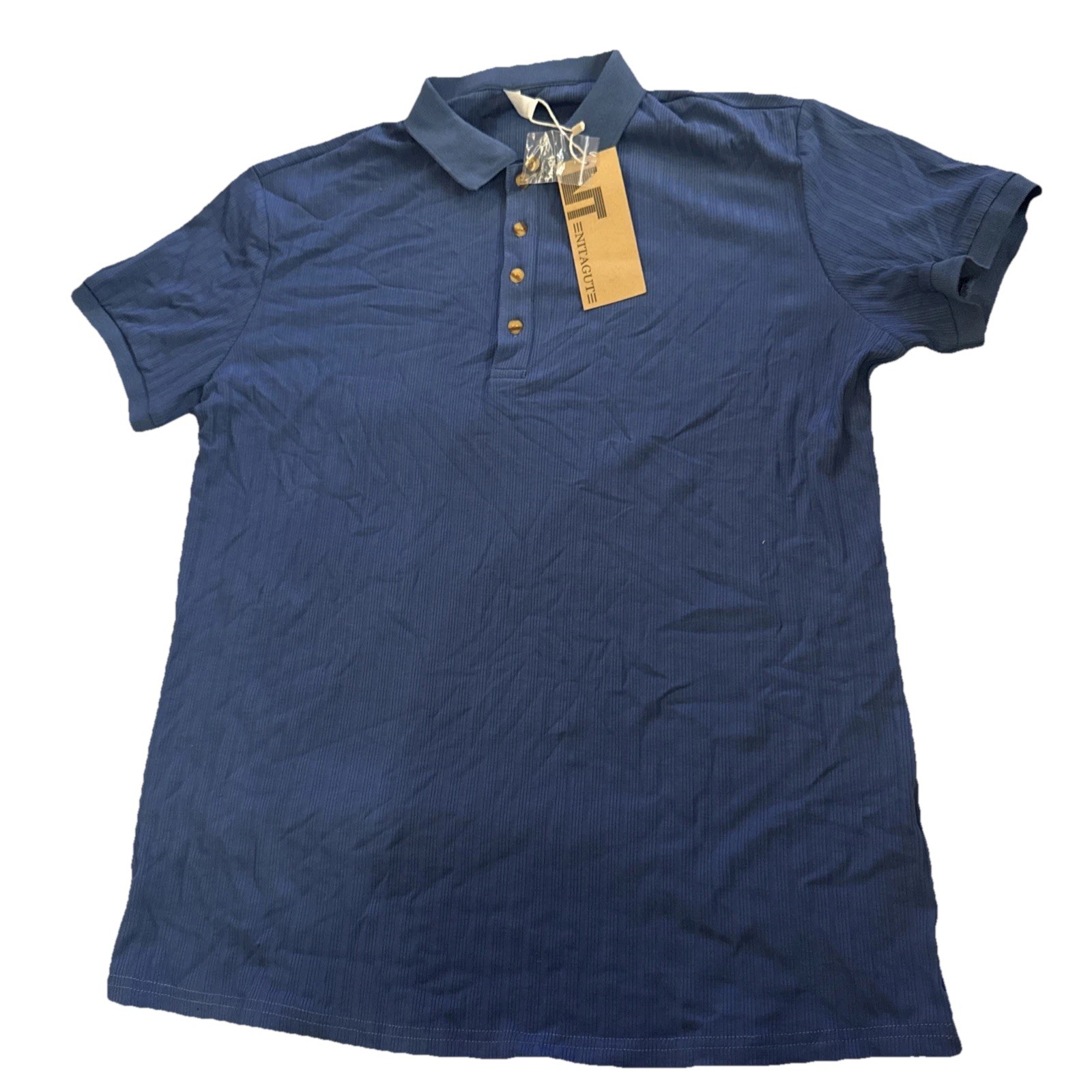 NITAGUT Mens Blue Casual Short Sleeve Collared Ribbed Knit POLO Shirt Sz L gallery