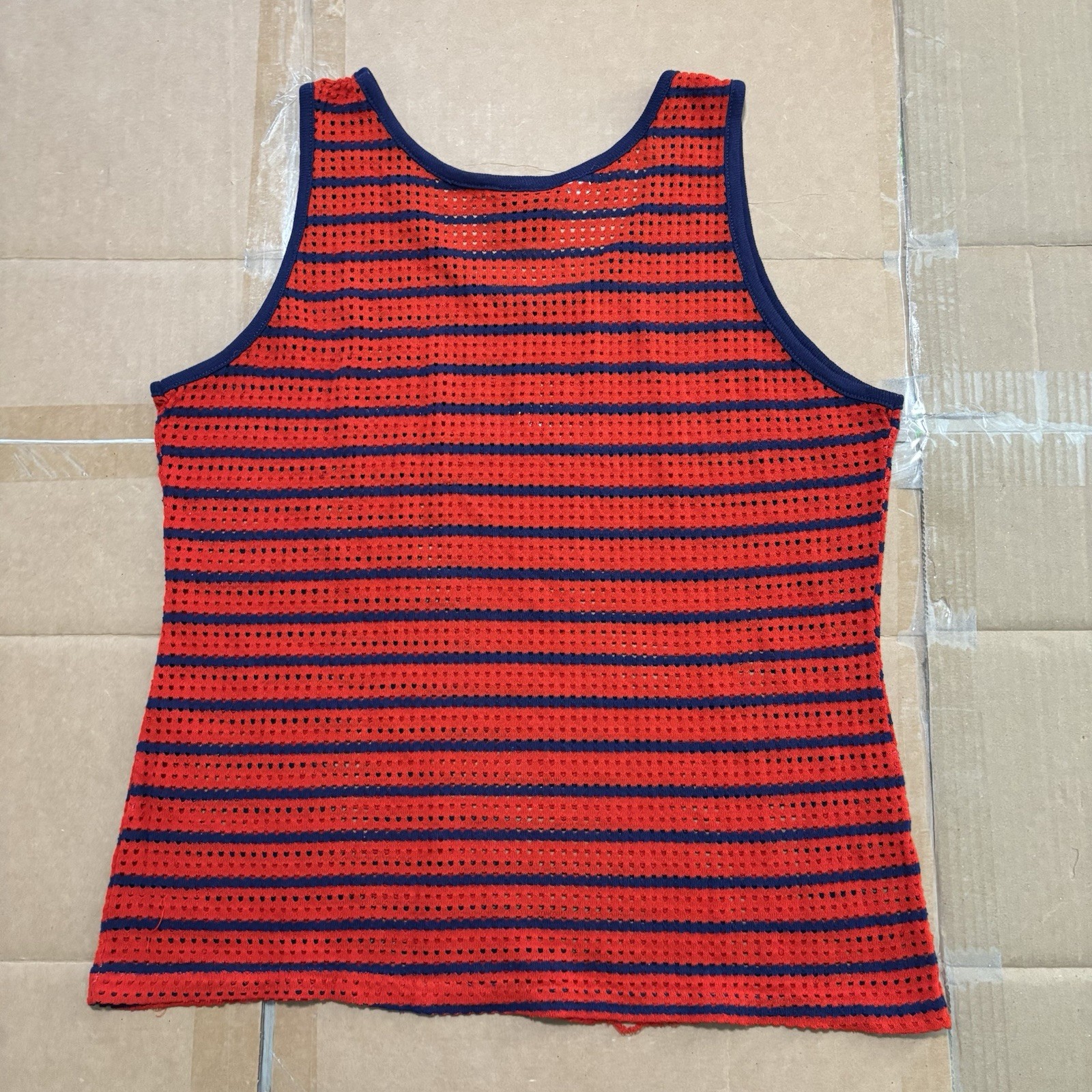 Vintage 60s 70s Knit Mesh Fish Net Essley Striped Beach Surf Tank Top Shirt USA gallery
