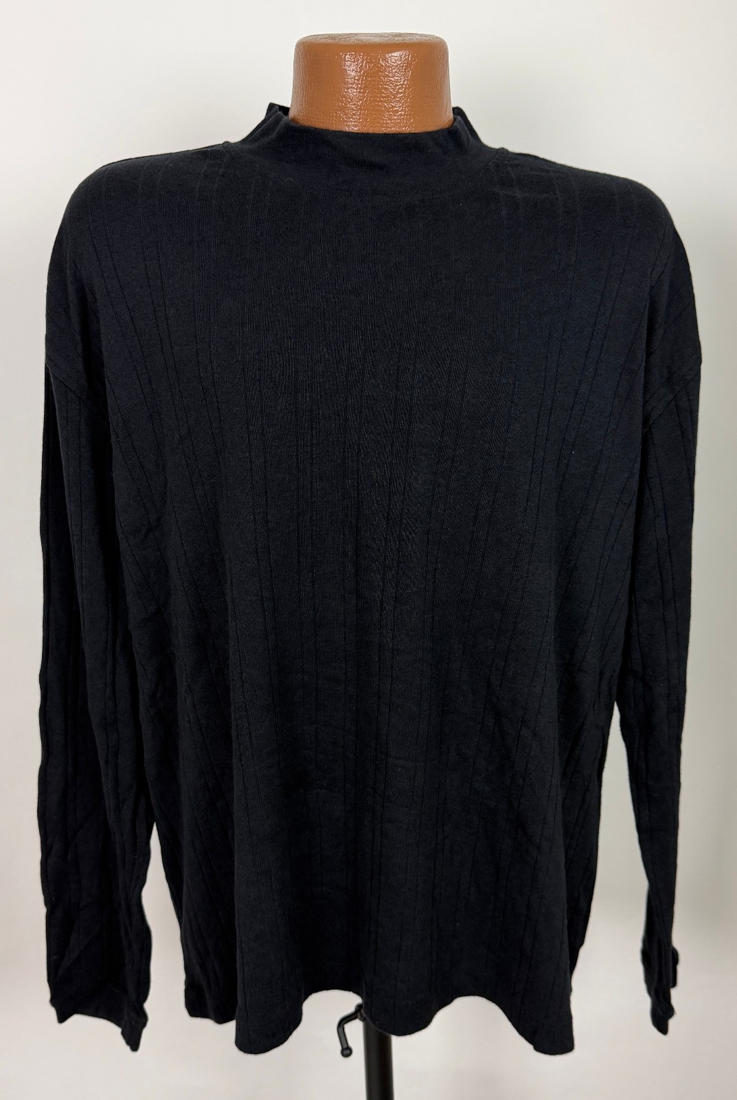 Vintage Ribbed Mock Neck Shirt Men XL Stretchy Minimal Preppy Black Rayon Cotton gallery