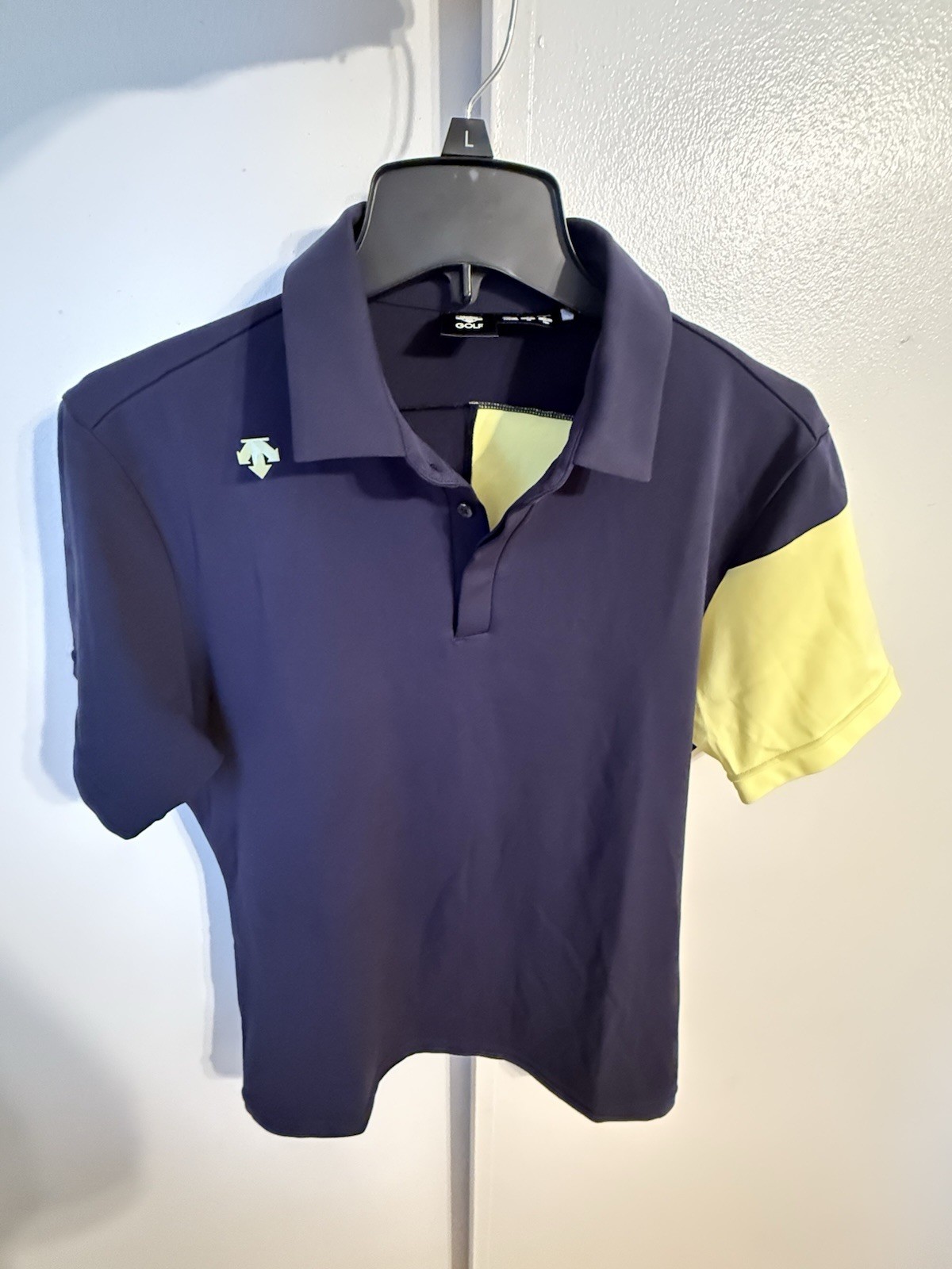 Descente Golf Polo Shirt Short Sleeve Thick Logo Print Navy Yellow L Men’S