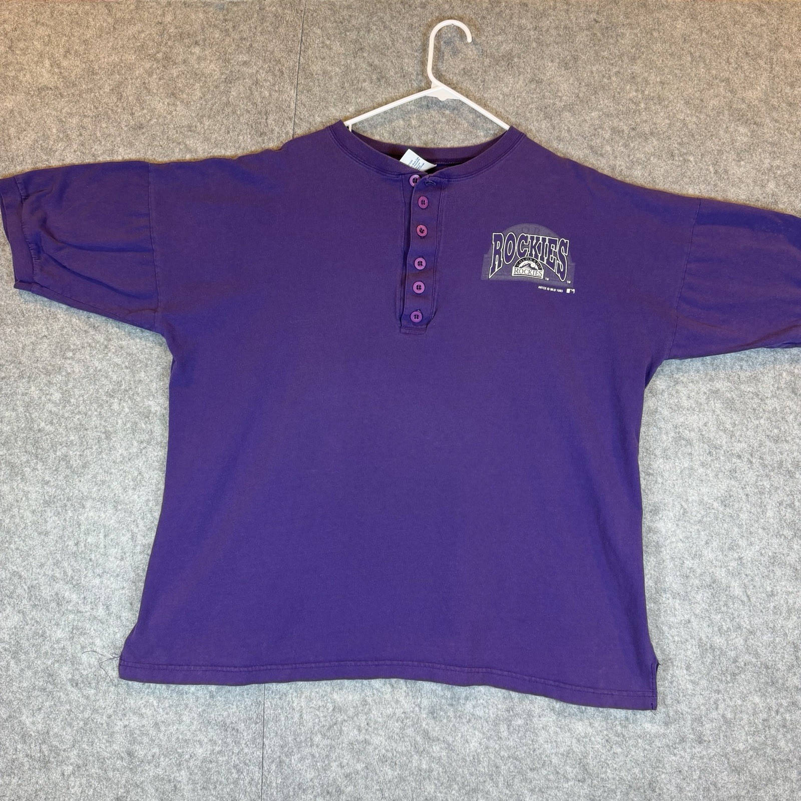 Vintage 1993 Colorado Rockies Henley Shirt Purple Artex USA XL