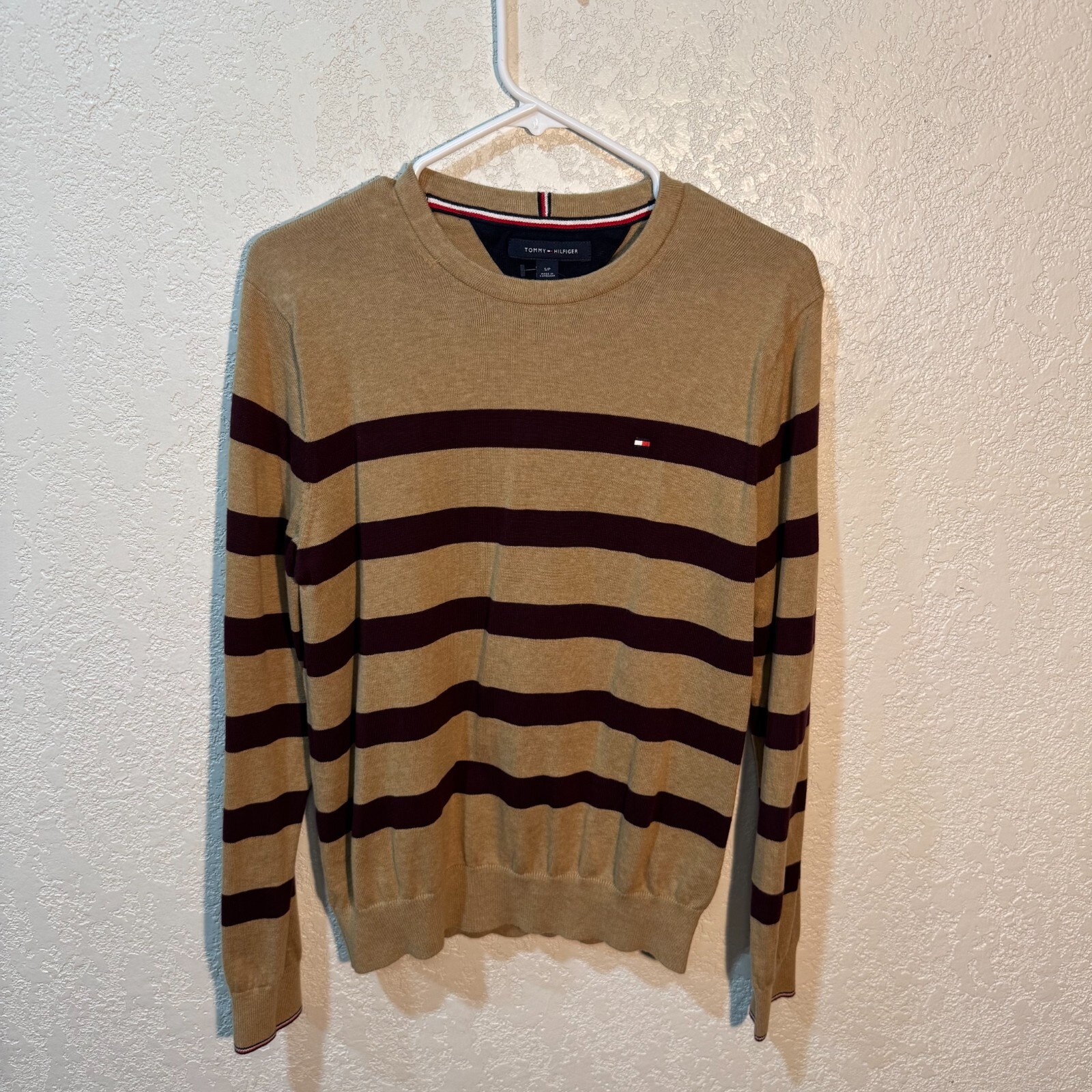 Tommy Hilfiger Long Sleeve Stripped Mens Sweat Shirt-Color Biege with Maroon gallery