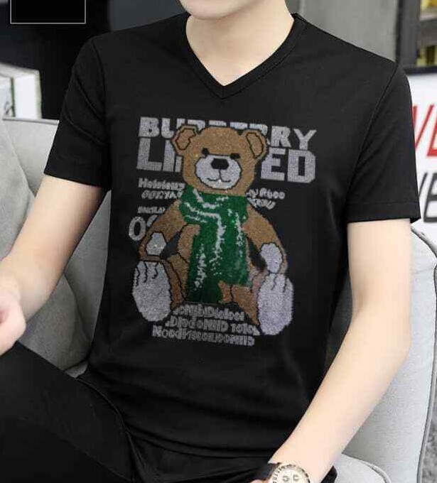 New Men Fashion V-Neck Diamond Rhinestones Bear Luxury Black T-Shirt gallery