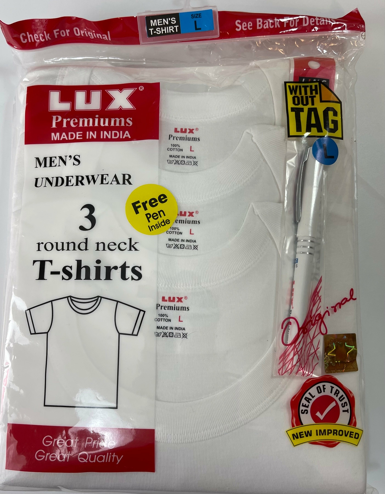 LUX PREMIUM 100% COTTON MEN`S T-SHIRT WHITE FINE SOFT 3 PACK FREE PEN INCLUDED