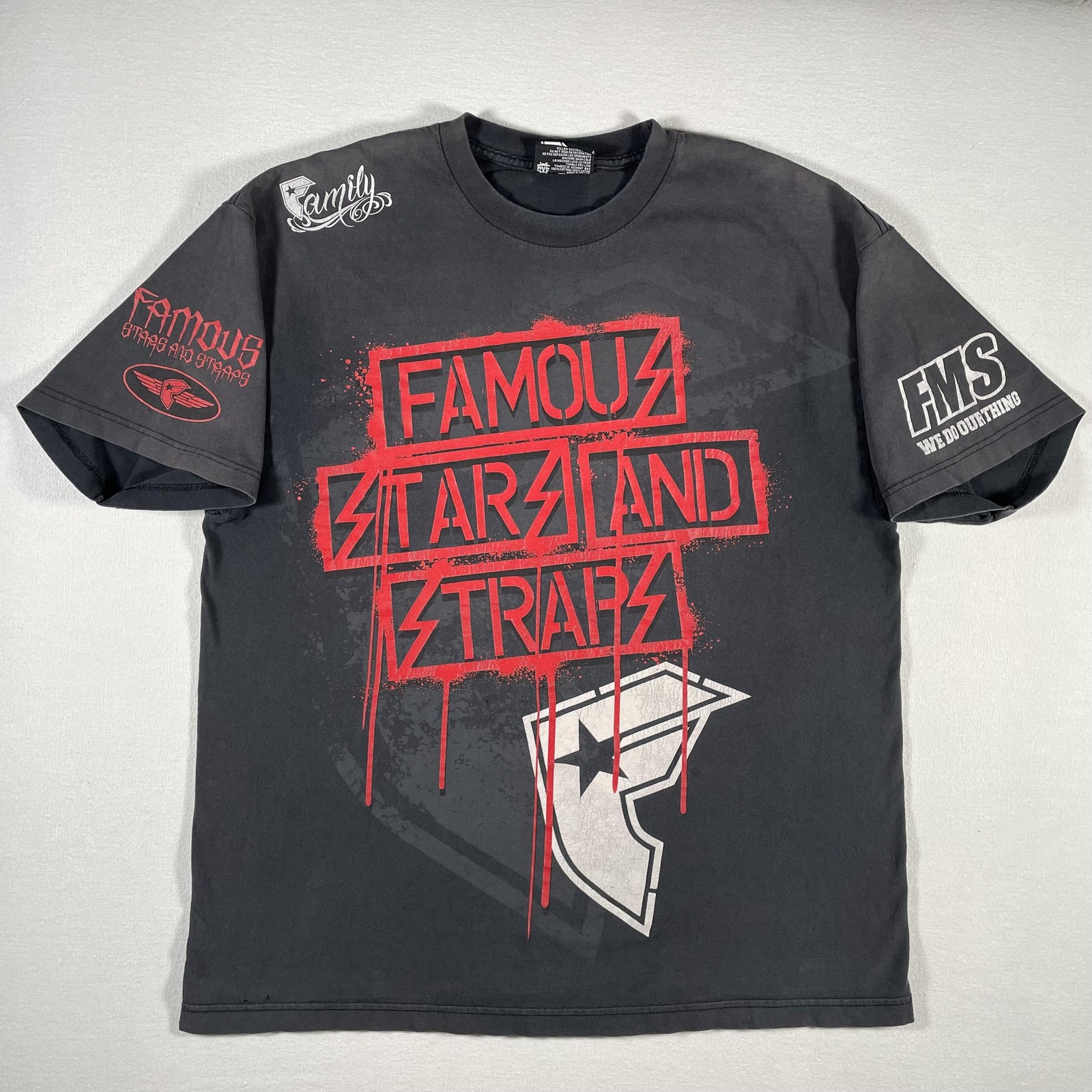 Vintage Famous Stars Straps Shirt Mens XL Black Drip Logo Streetwear Skate Faded gallery