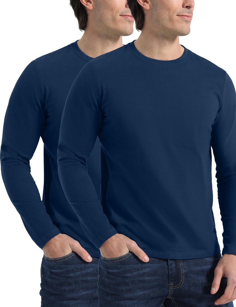 Men’s 2 Pack Long Sleeve Soft Casual Cotton Crew Neck Shirts (Navy Blue, XXL)