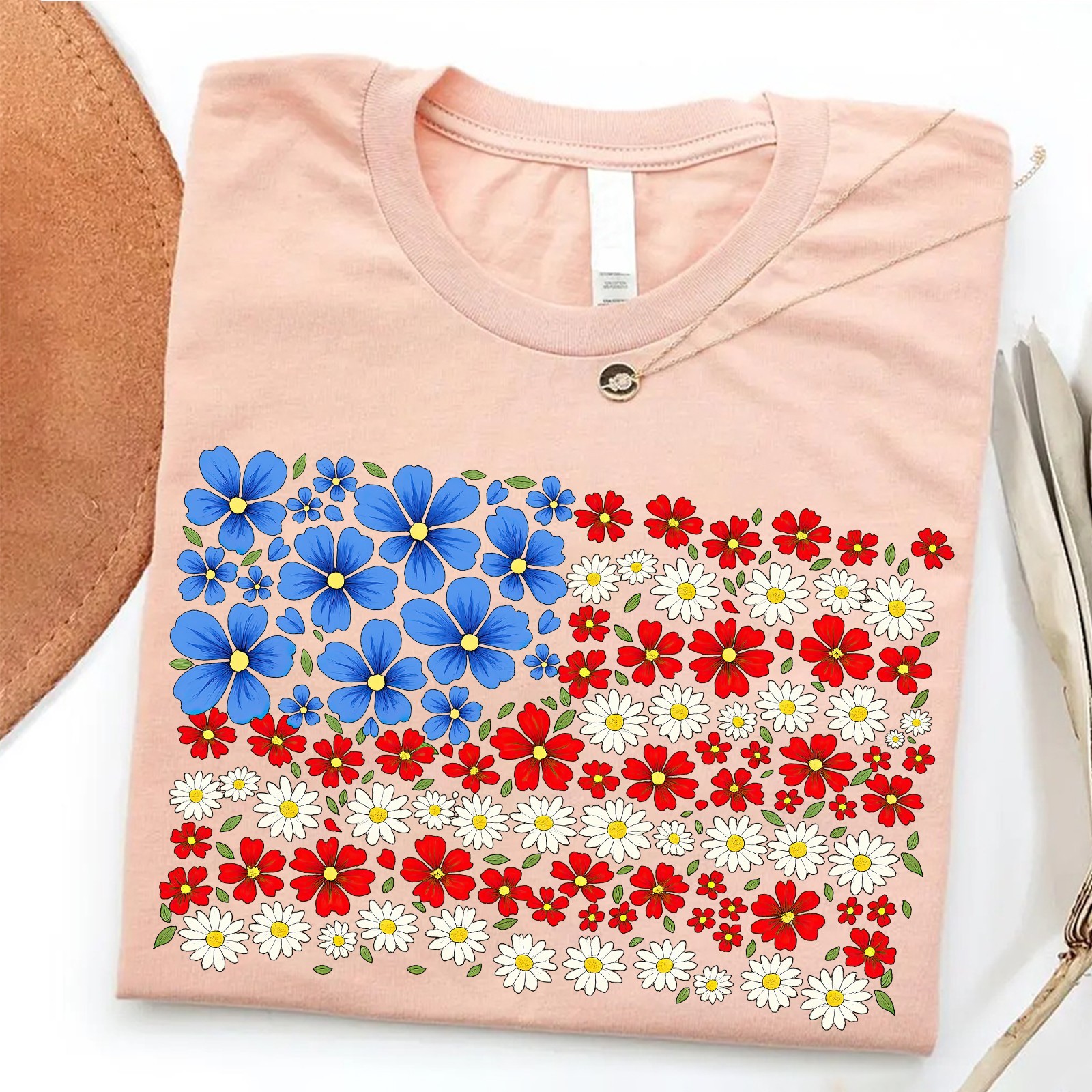 Floral American Flag Shirt 4th of July Patriotic Wildflower USA 250th Unisex Tee gallery