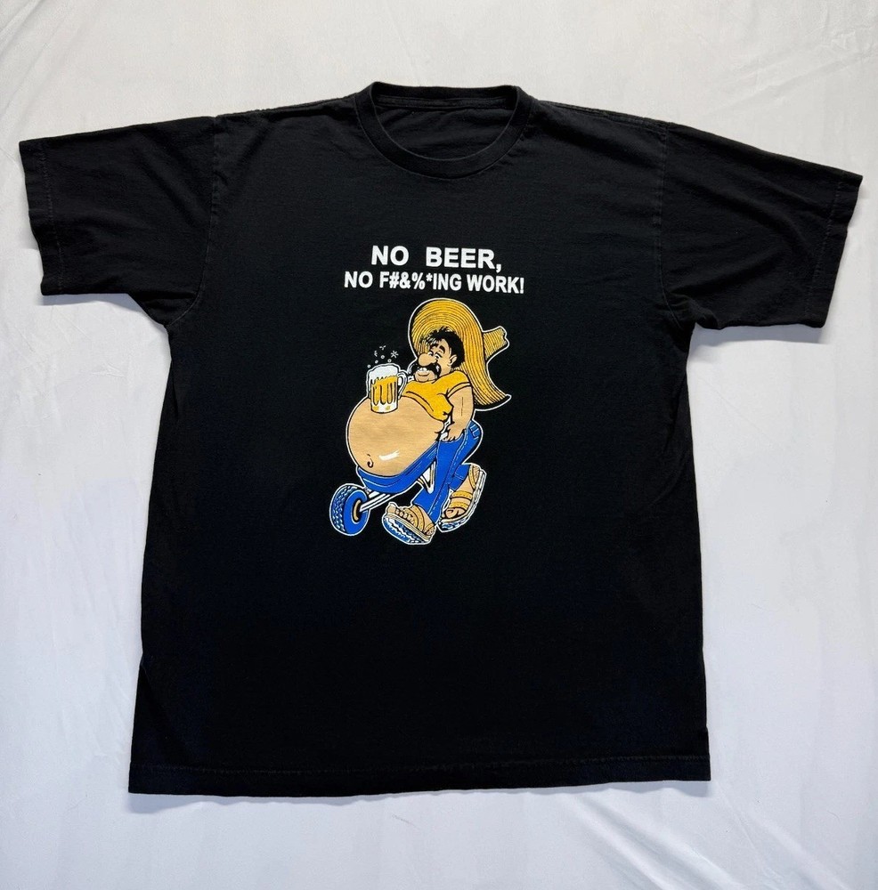 No Beer No Work Funny Drinking T Shirt Mens Large Black Graphic Print Casual
