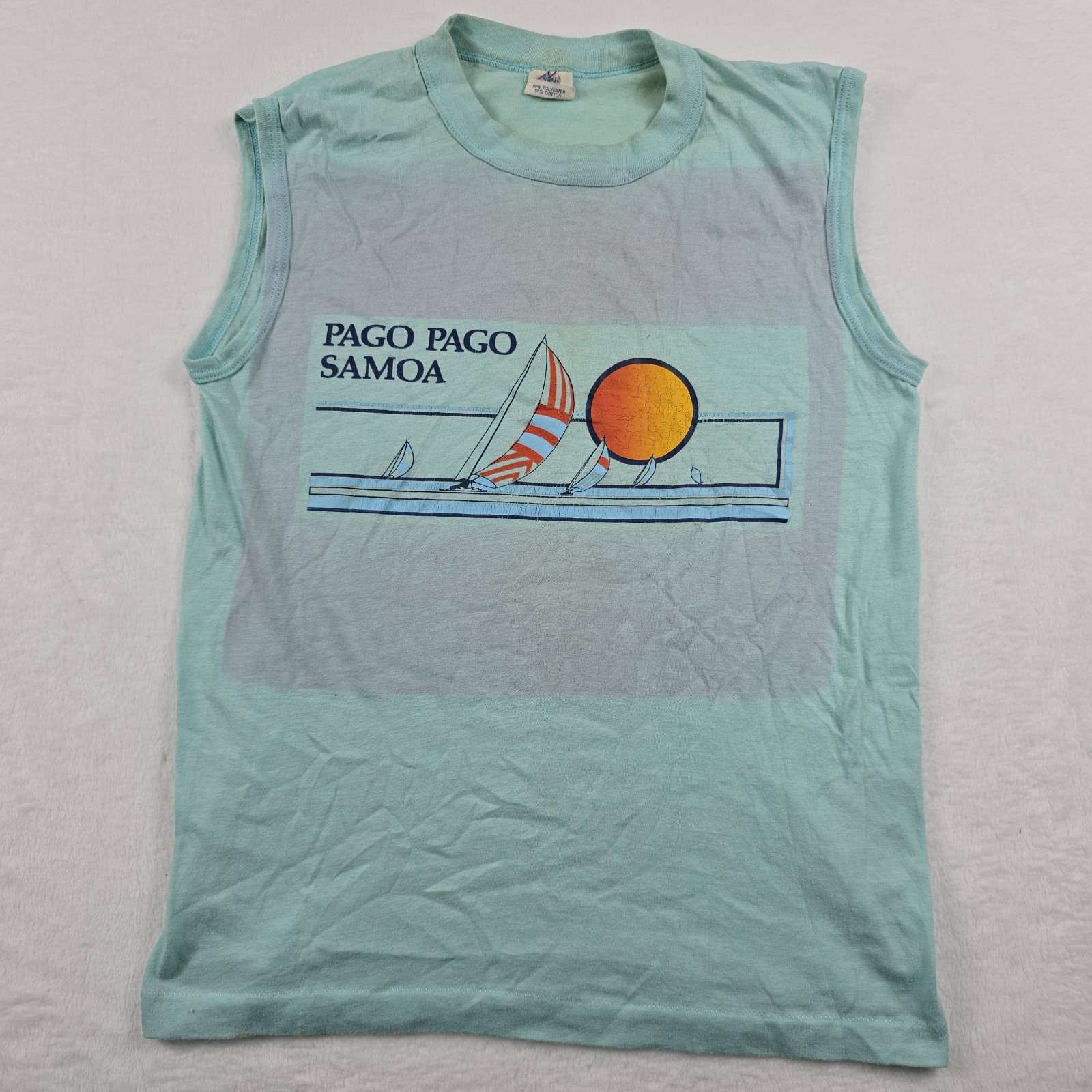 Vintage Tank Top Pago Pago Samoa Blue Distressed Size Medium Shirt TeeJays