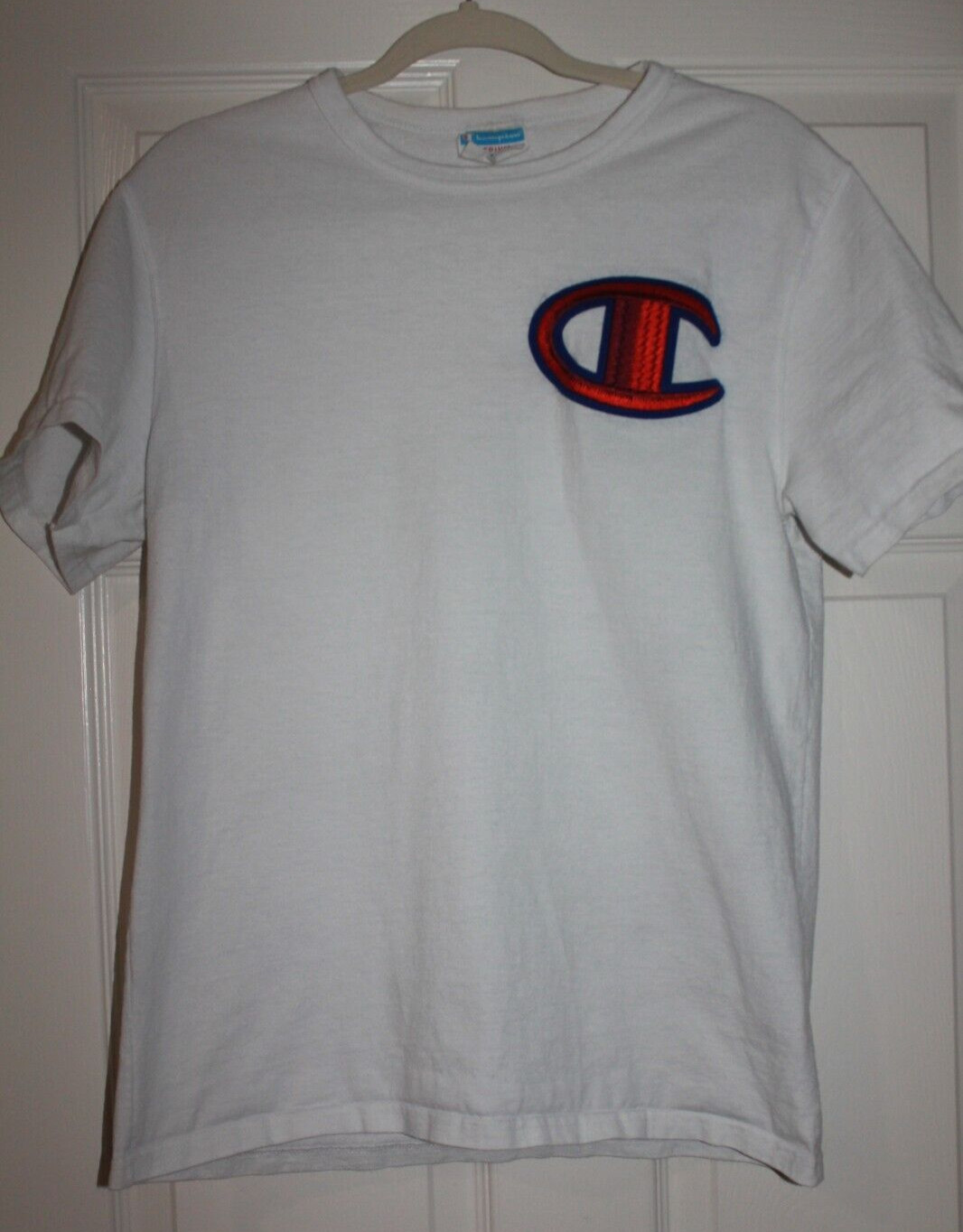 VINTAGE Champion Men T-Shirt White Logo Embroidered Short Sleeve Crew Neck Y2K M gallery