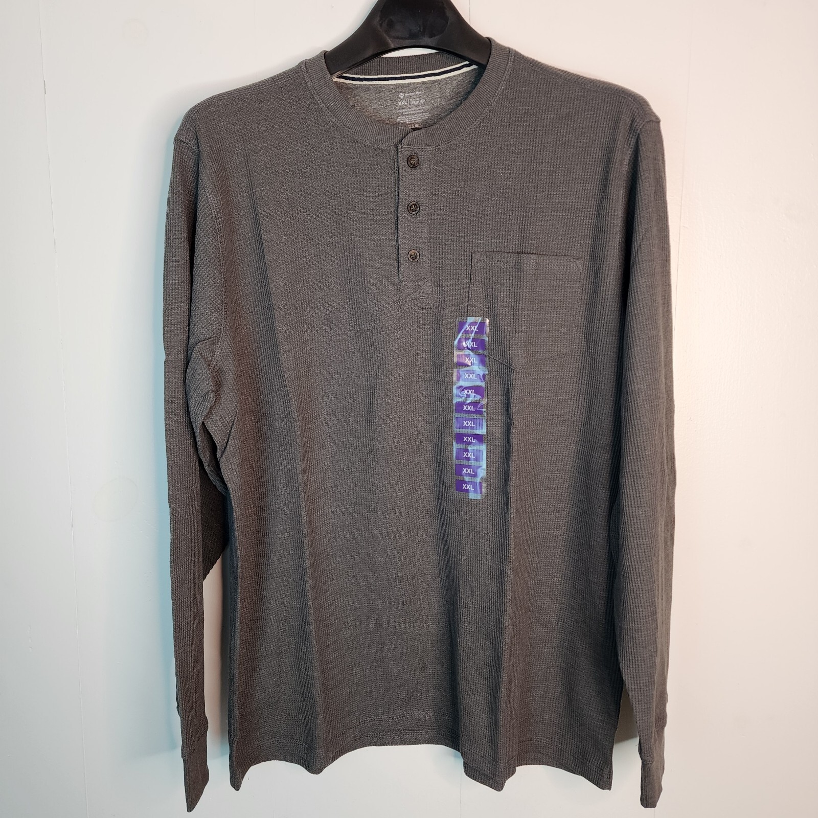 Members Mark Mens XXL Thermal Henley Shirt Charcoal Grey Waffle Knit New gallery
