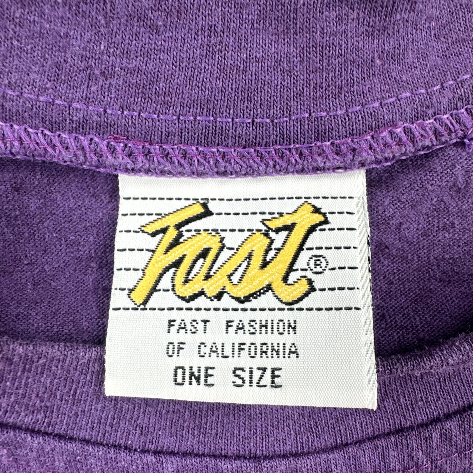 Vtg FAST Fashion Of California 90s XL One Size Fits All USA Made Purple T Shirt gallery