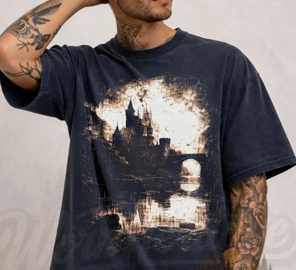 Fantasy Dark Full Moon Forest T-Shirt Gothic Castle Graphic Streetwear Men Tees gallery
