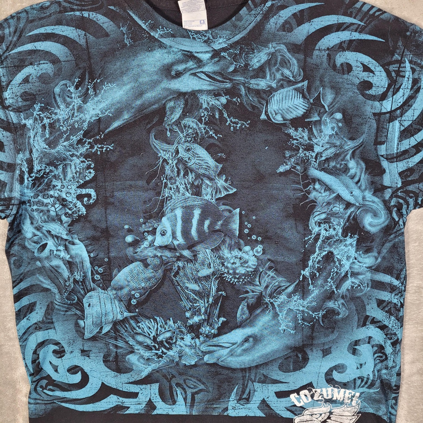 Vtg Cozumel Mexico Shirt Men XL Blue Black Yazbek Ocean Dolphin Fish Graphic AOP gallery