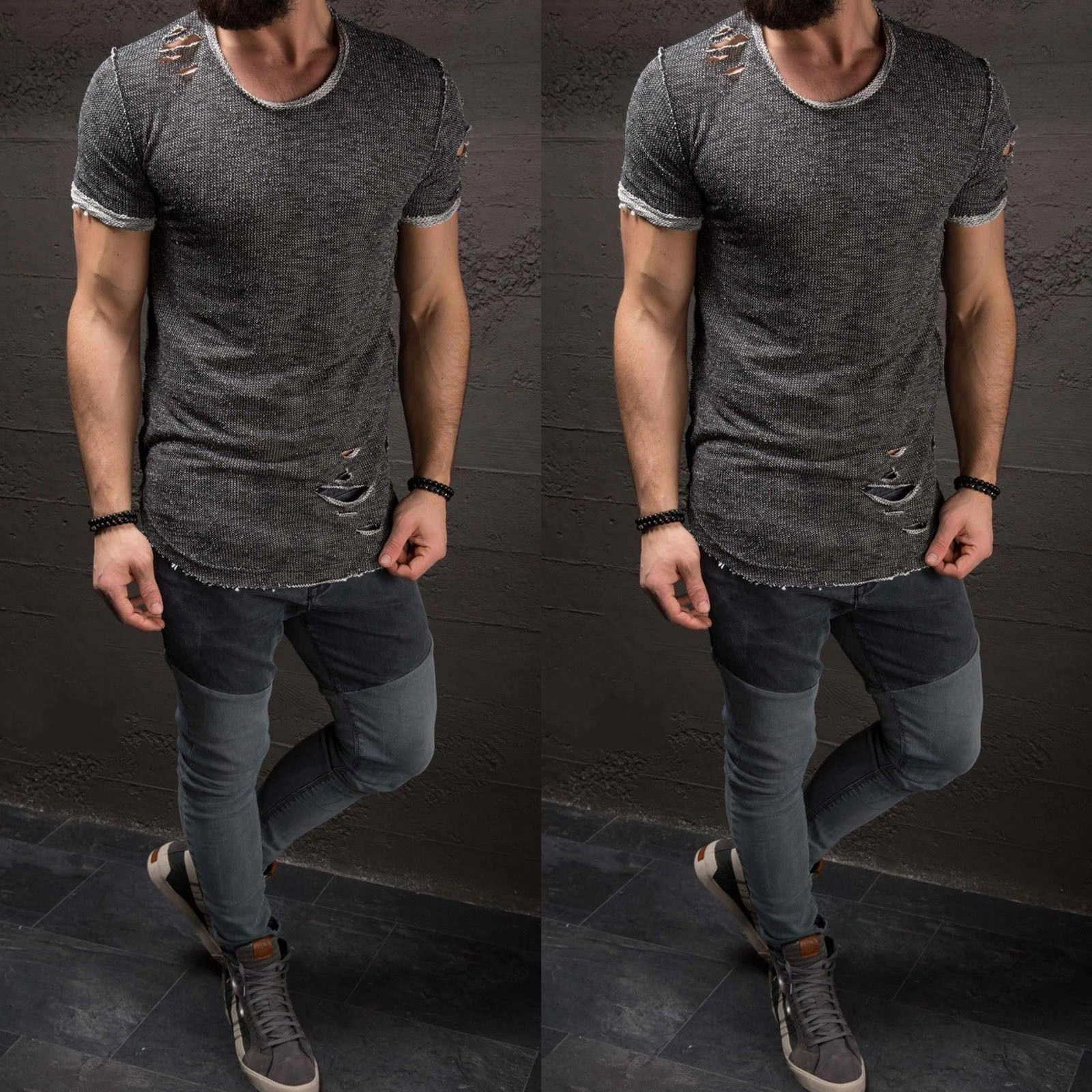 Hot Men's Slim Fit O Neck Short Sleeve Muscle Tops T-shirt Ripped Casual Blouse gallery
