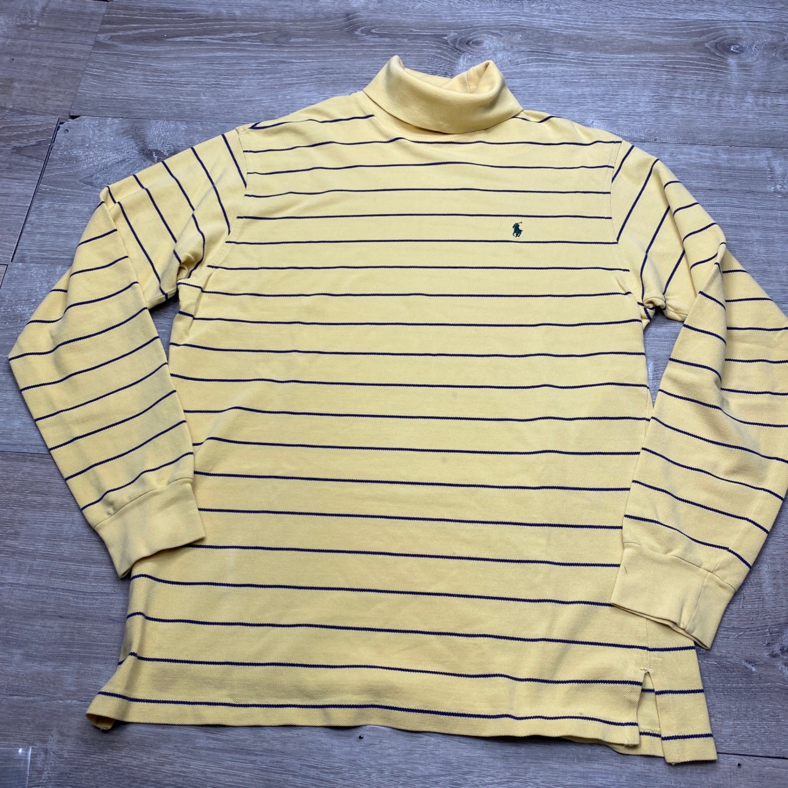 Polo Ralph Lauren Turtleneck Shirt Mens Medium Cotton Yellow Navy Stripe Pique gallery