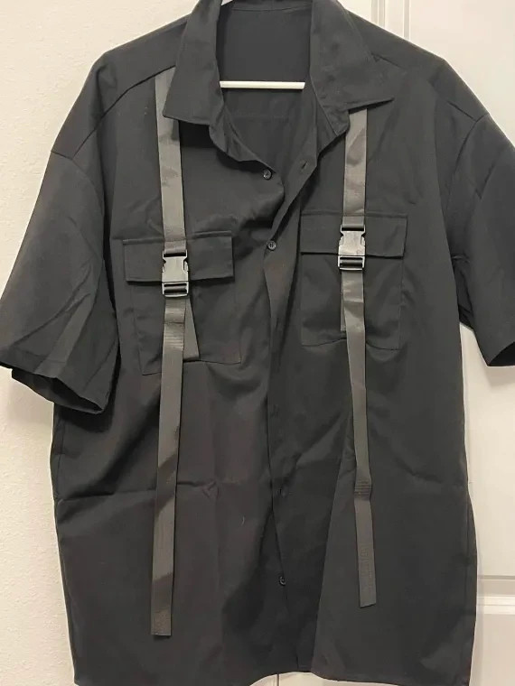 Black Buckle Strap Black Woven Button-Up Collared Shirt XL
