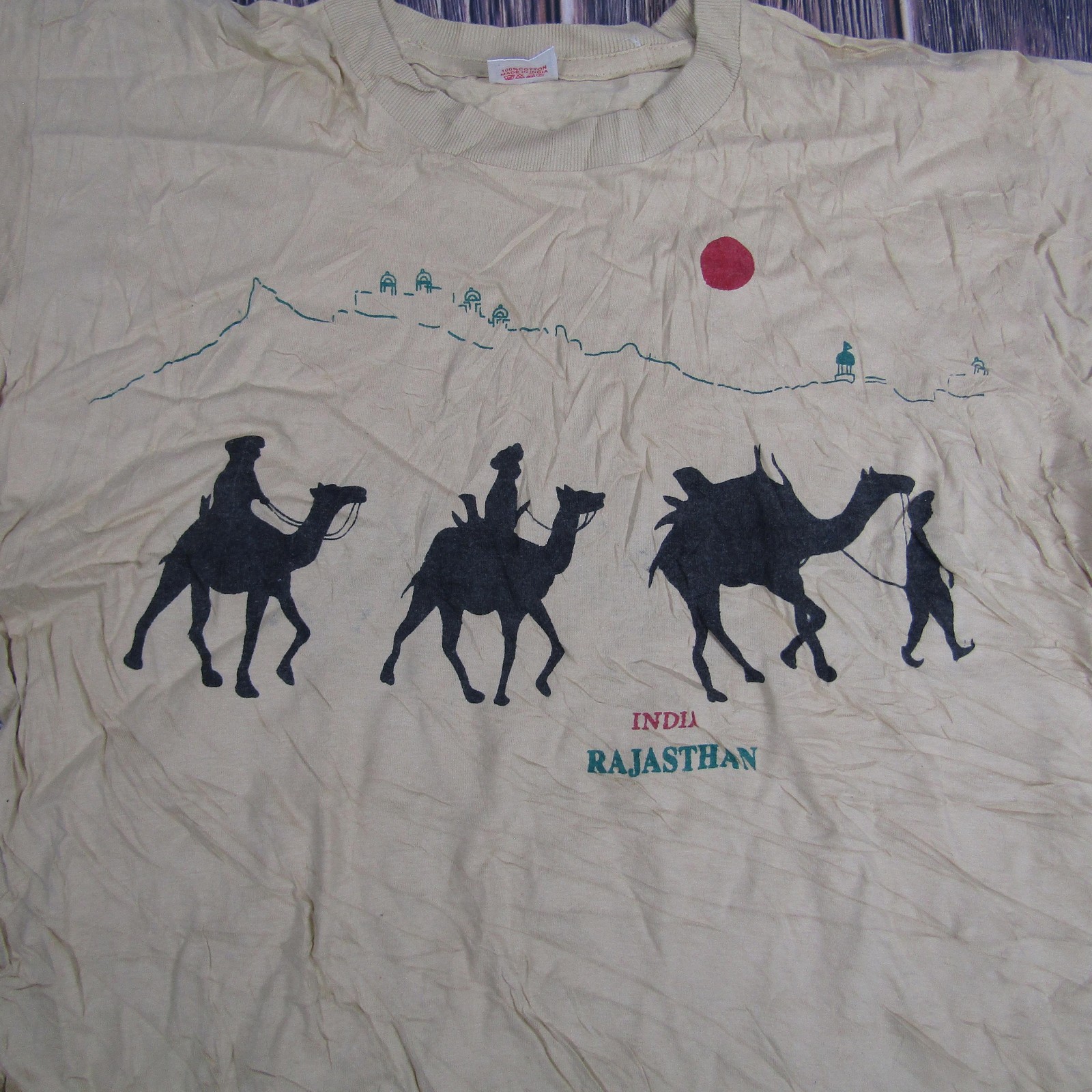 Vintage India Rajasthan Shirt Mens 2XL Tan Camel Desert Graphic Tourist Tee 90s gallery