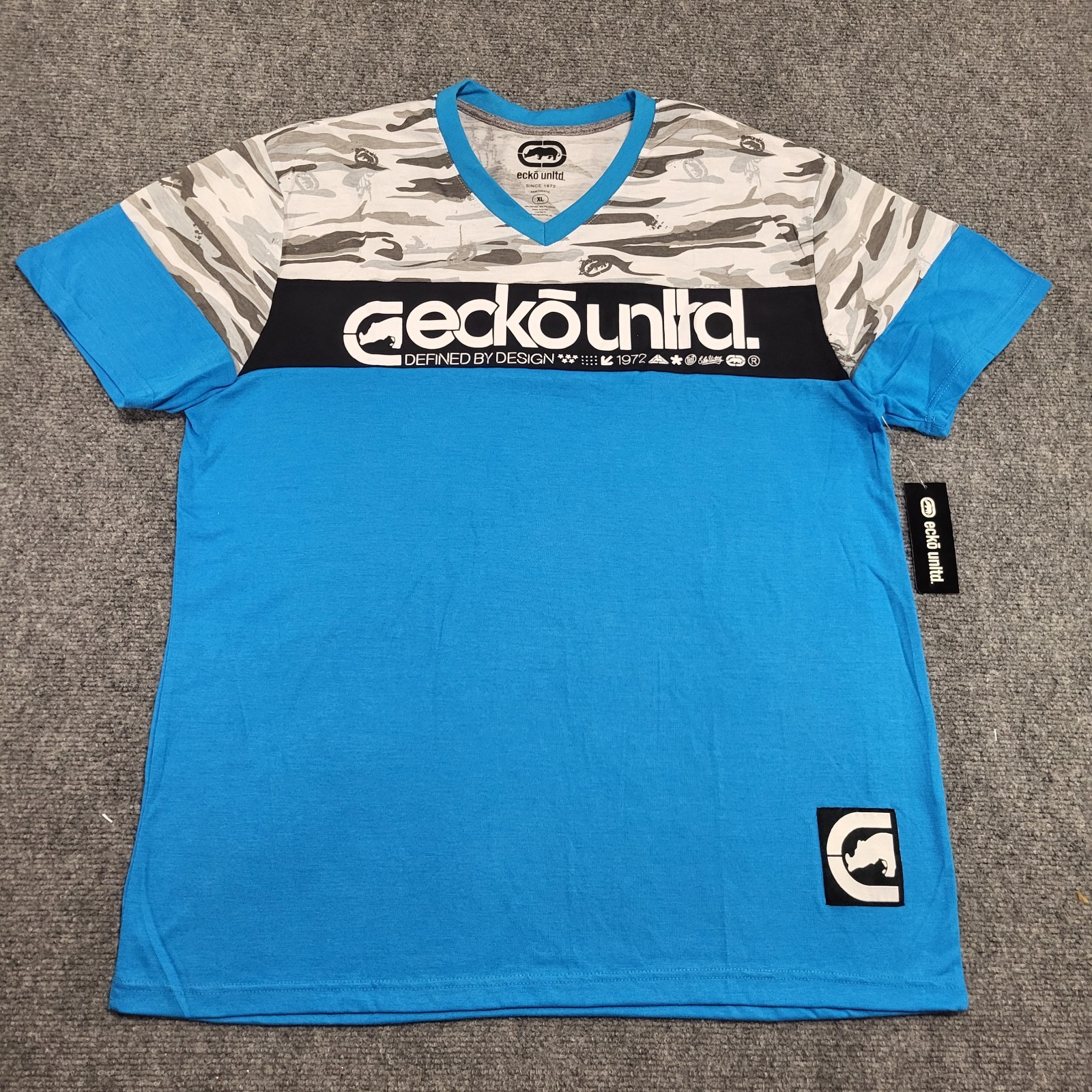Ecko Unltd V-Neck Blue Atomic With Camo Men’s T-Shirt Size X-Large NWT