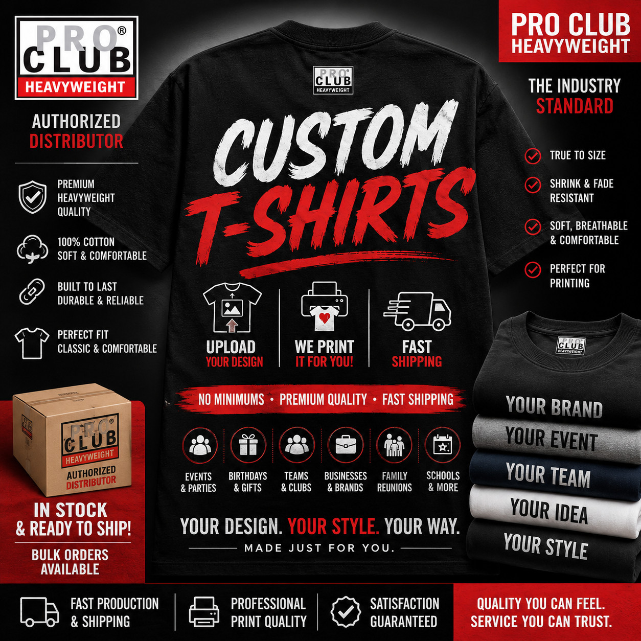 10 Custom 7XL Pro Club Heavyweight Bundle Black Tee Shirts Customer Artwork