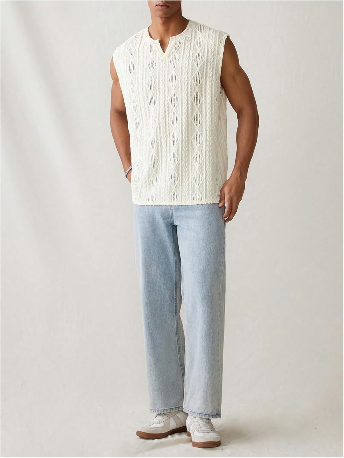 Men's Hollow Out Notch V Neck Tank Top Textured Sleeveless Summer Shirt Breathab gallery