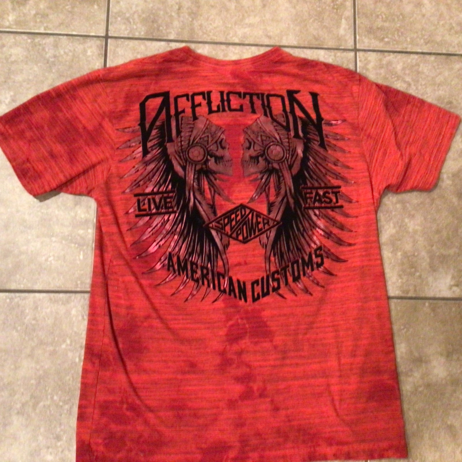VTG Affliction Live Fast T Shirt Felt Graphic All Over Distressed L Made In USA gallery