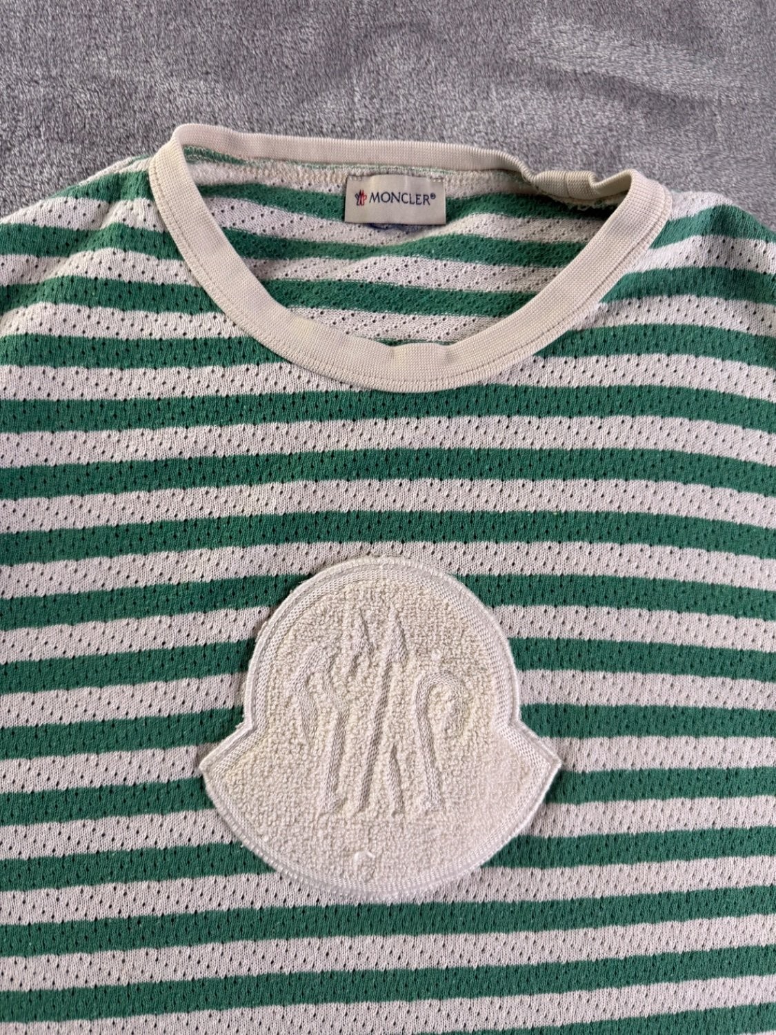 Moncler Striped Pointelle Knit T-Shirt Green White Terry Logo Patch Men's Size M gallery