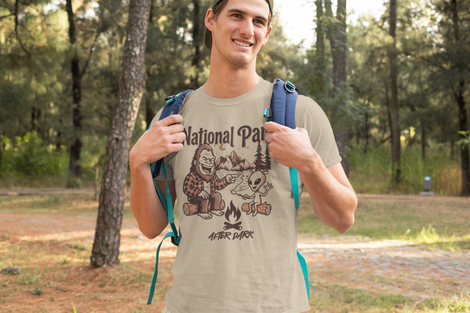 PNW Yellowstone Zion Yosemite National Park After Dark Bigfoot Alien T-Shirt Tee gallery