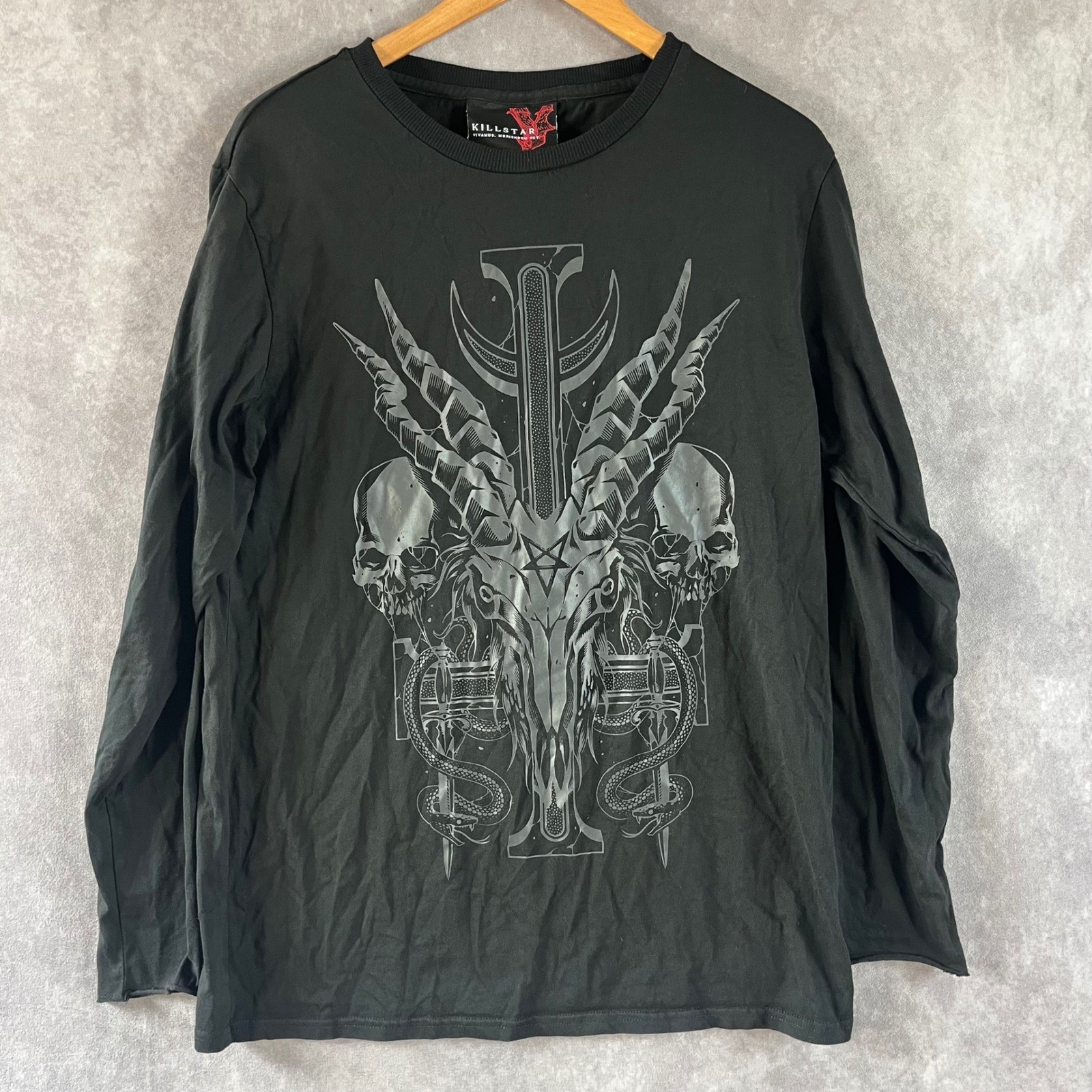 Killstar Graphic Long Sleeve T-Shirt Mens Large Black Baphomet Occult Skull Tee gallery