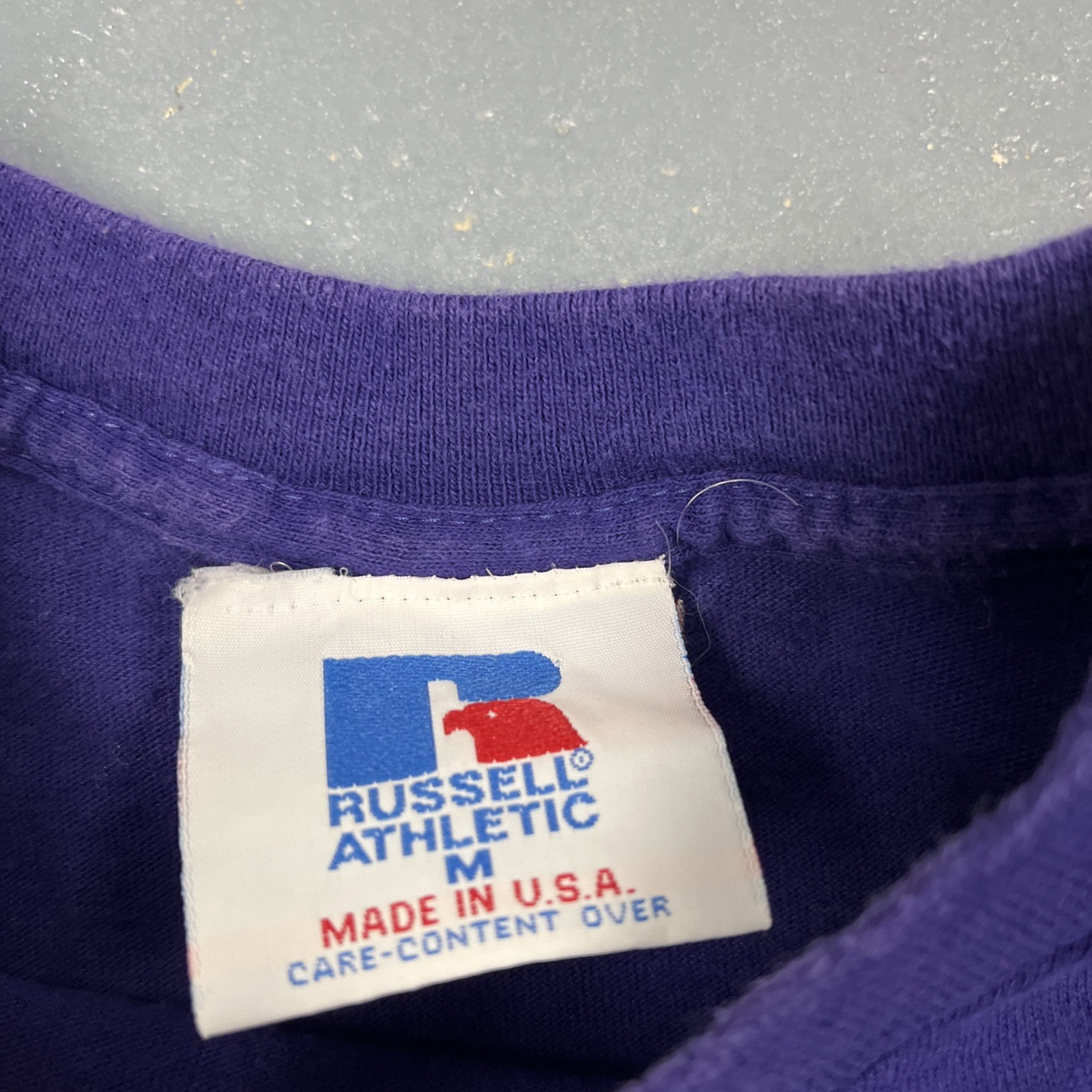 Vintage 90s Russell Athletic Embroidered Tshirt Purple Medium Single Stitch VTG gallery