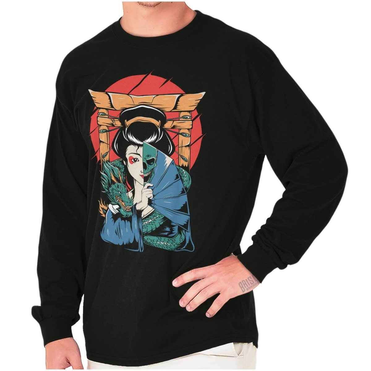 Traditional Geisha Split Face Skull Dragon Long Sleeve Tshirt for Men or Women