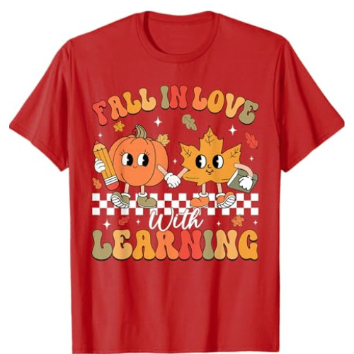Retro Fall In Love With Learning Autumn Pumpkin Teacher T-Shirt,Multicolor,S-2XL gallery