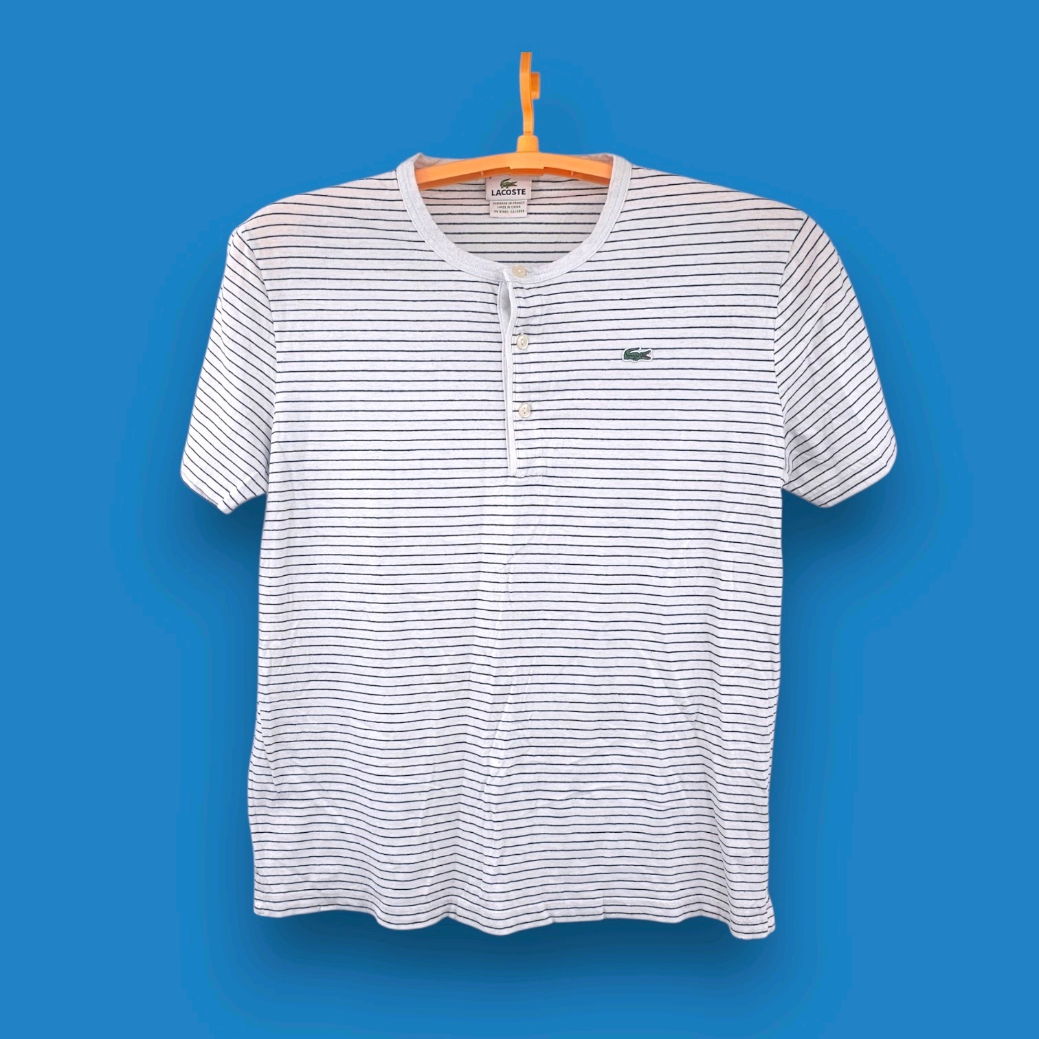 LACOSTE Henley Linen Blend T-Shirt MENS Size 6 US XL Blue White Striped SEE FLAW gallery