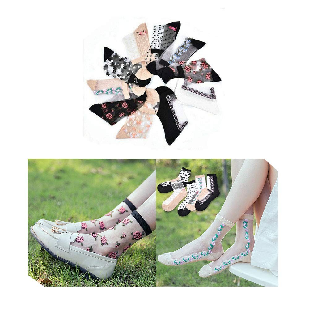 10 Pairs Women’s Spring Summer Floral Transparent Thin Short Silk Socks