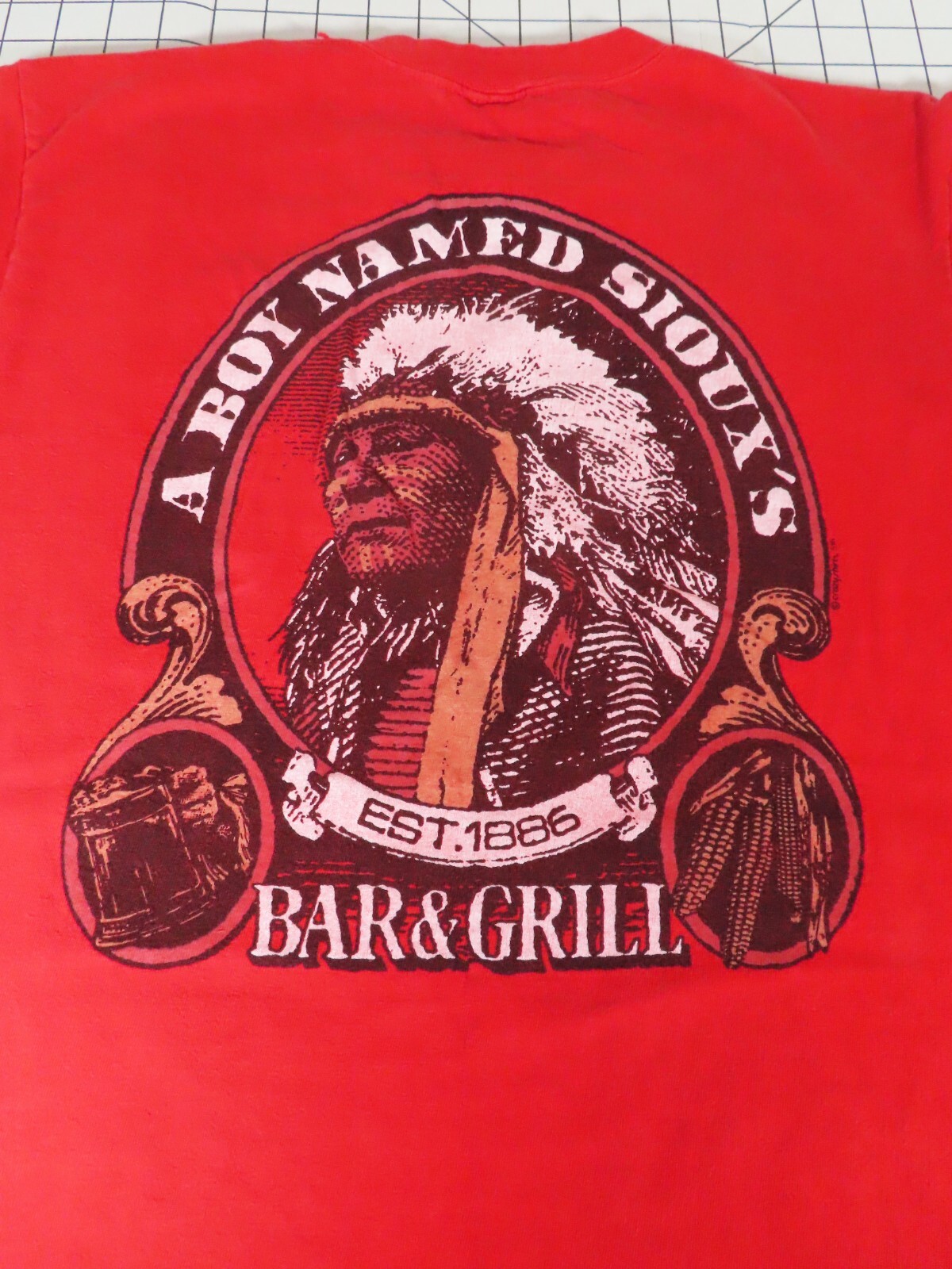 VTG A Boy Named Sioux's Bar Grill T-Shirt Size L Red Indian *READ* gallery