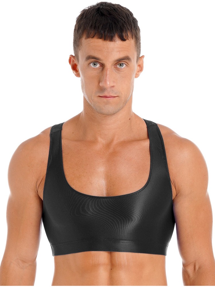 US Men’s Glossy Stretchy Crop Top Bodybuilding Gyms Half Undershirts Sportwear
