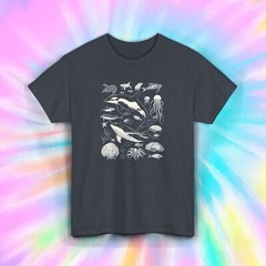 Ocean Life Shirt Marine Biology Sea Creatures Whale Jellyfish Art Tee S-5XL