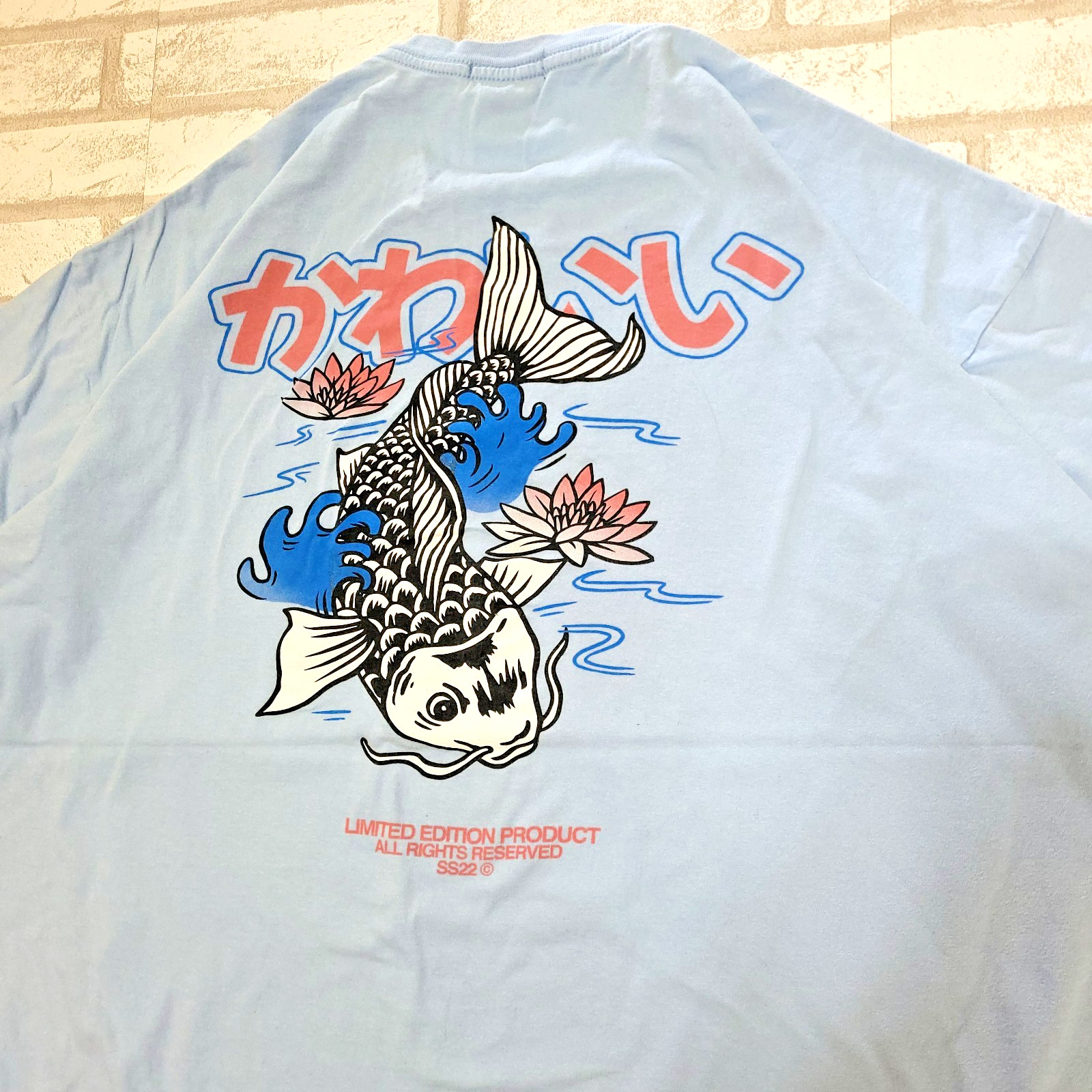 Koi Lotus Japanese Style Graphic Oversized Baby Blue Boohoo MAN T-Shirt Mens L gallery