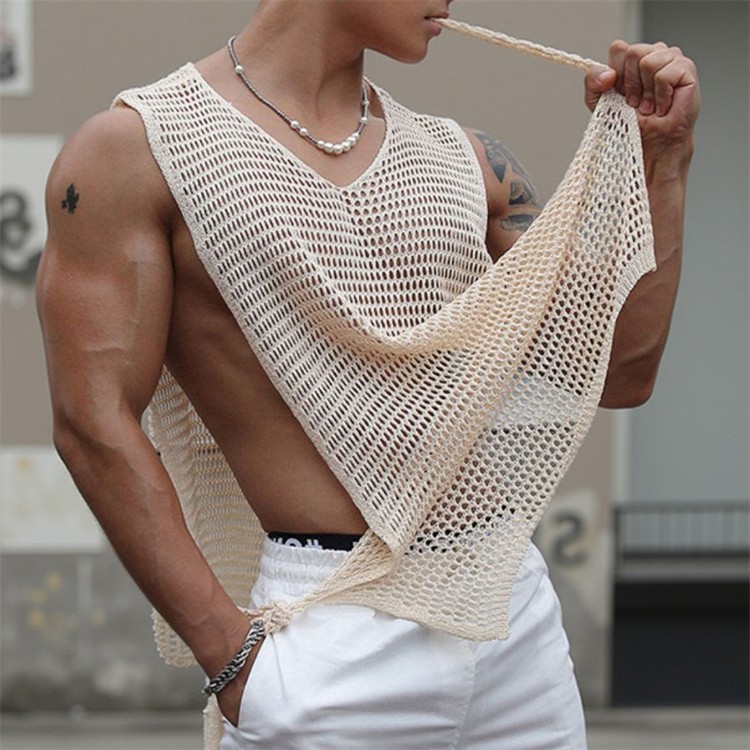 Men Sexy Hollow Out Tank Tops Openwork Side Lace Up Vest Casual Baggy Vest Basic gallery