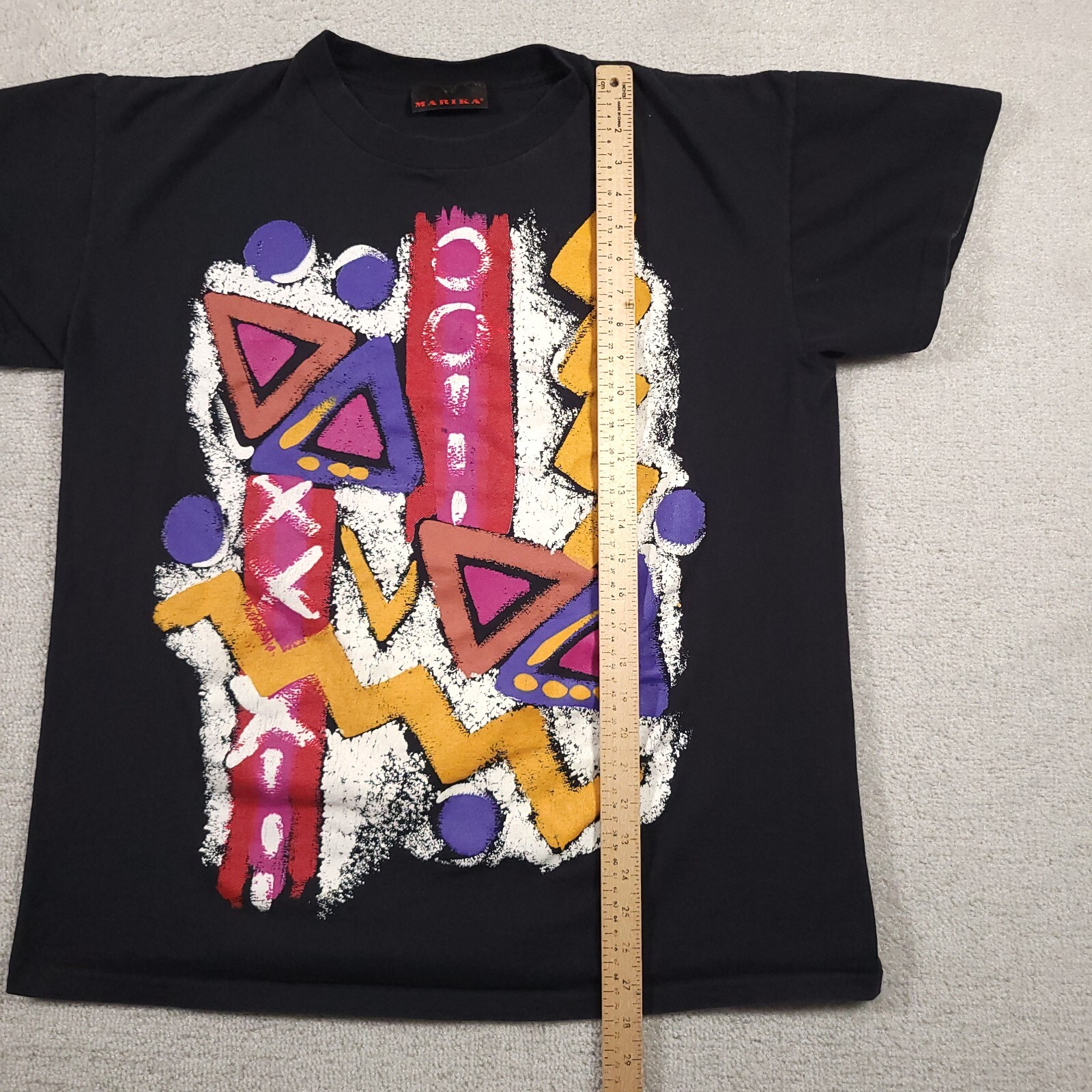 Vtg Marika T-Shirt Mens OSFA All Over Print Black Art Painting Abstract 90s USA gallery