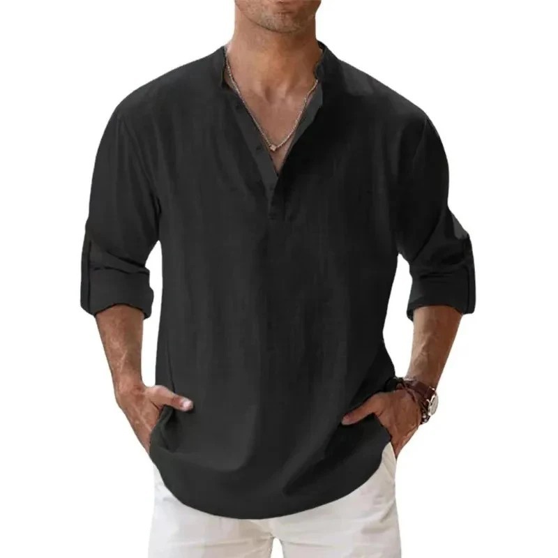Men's Cotton Linen Henley Long Sleeve Shirt Casual Beach T-shirt Tee Summer Gift gallery