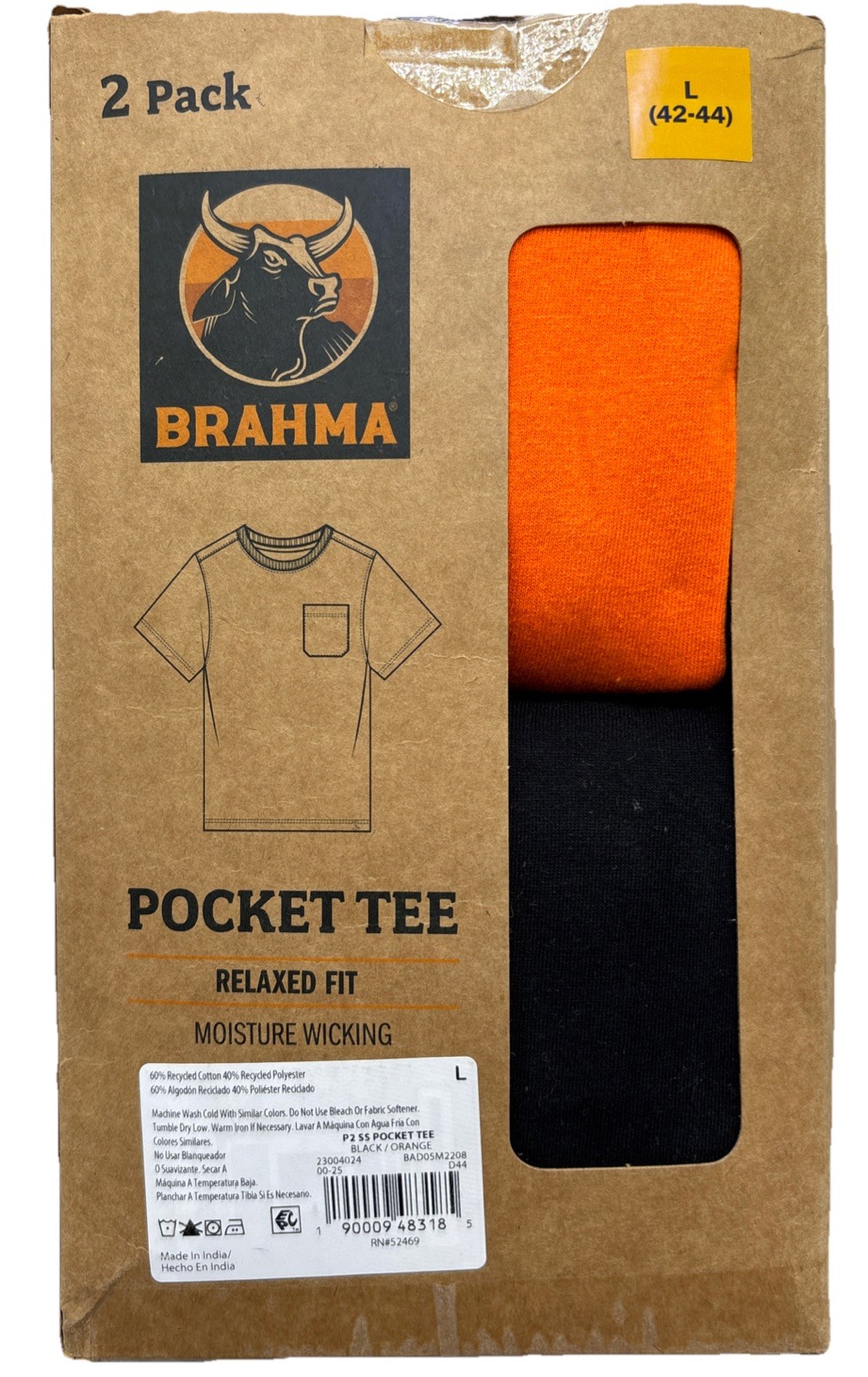 Brahma T-Shirt 2 Pack 2 42-44 Black/Orange Relaxed Fit,Moisture Wicking {100}