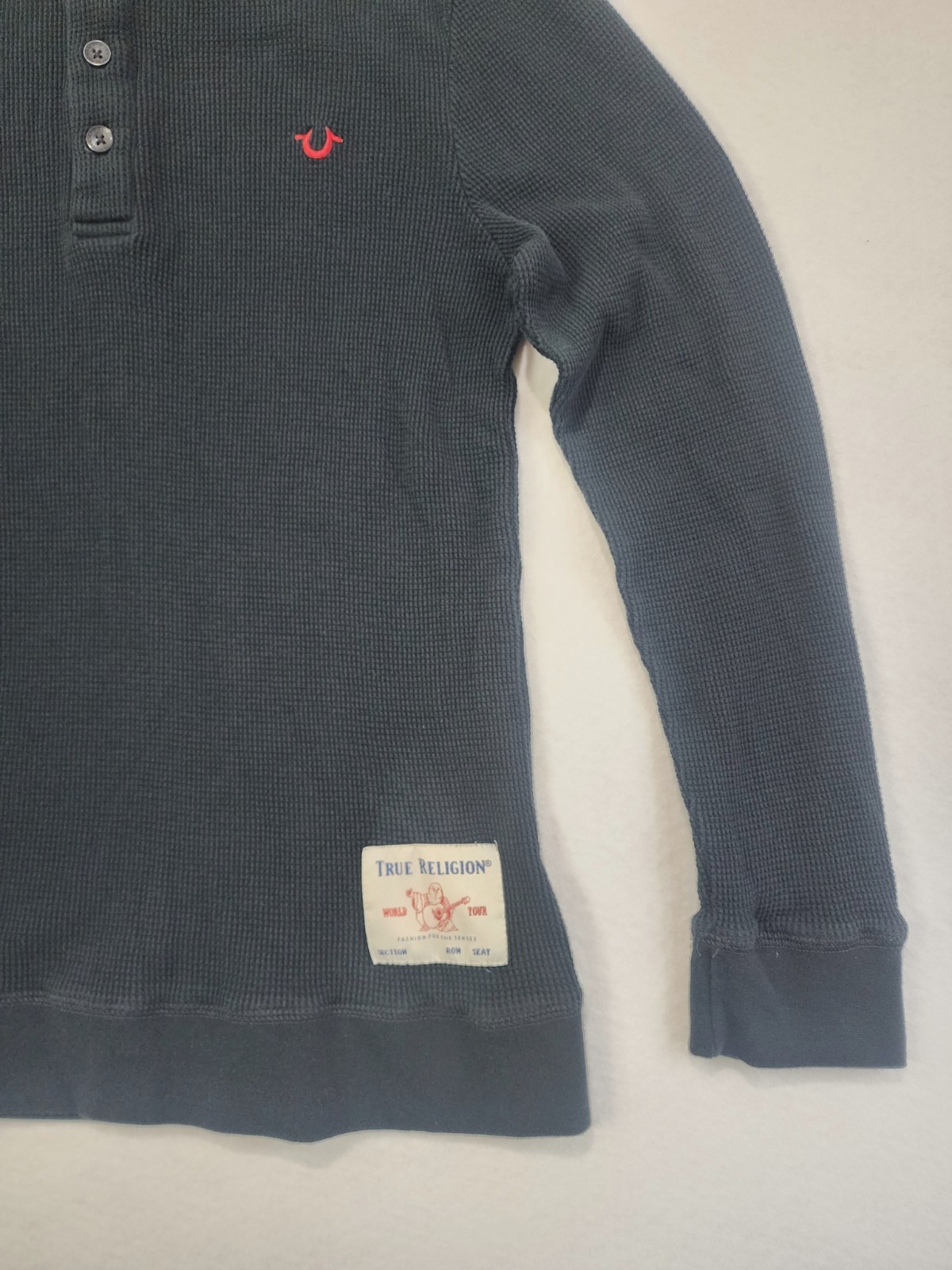 True Religion Thermal Shirt Mens M Black Horseshoe Logo Waffle Knit Henley Neck gallery