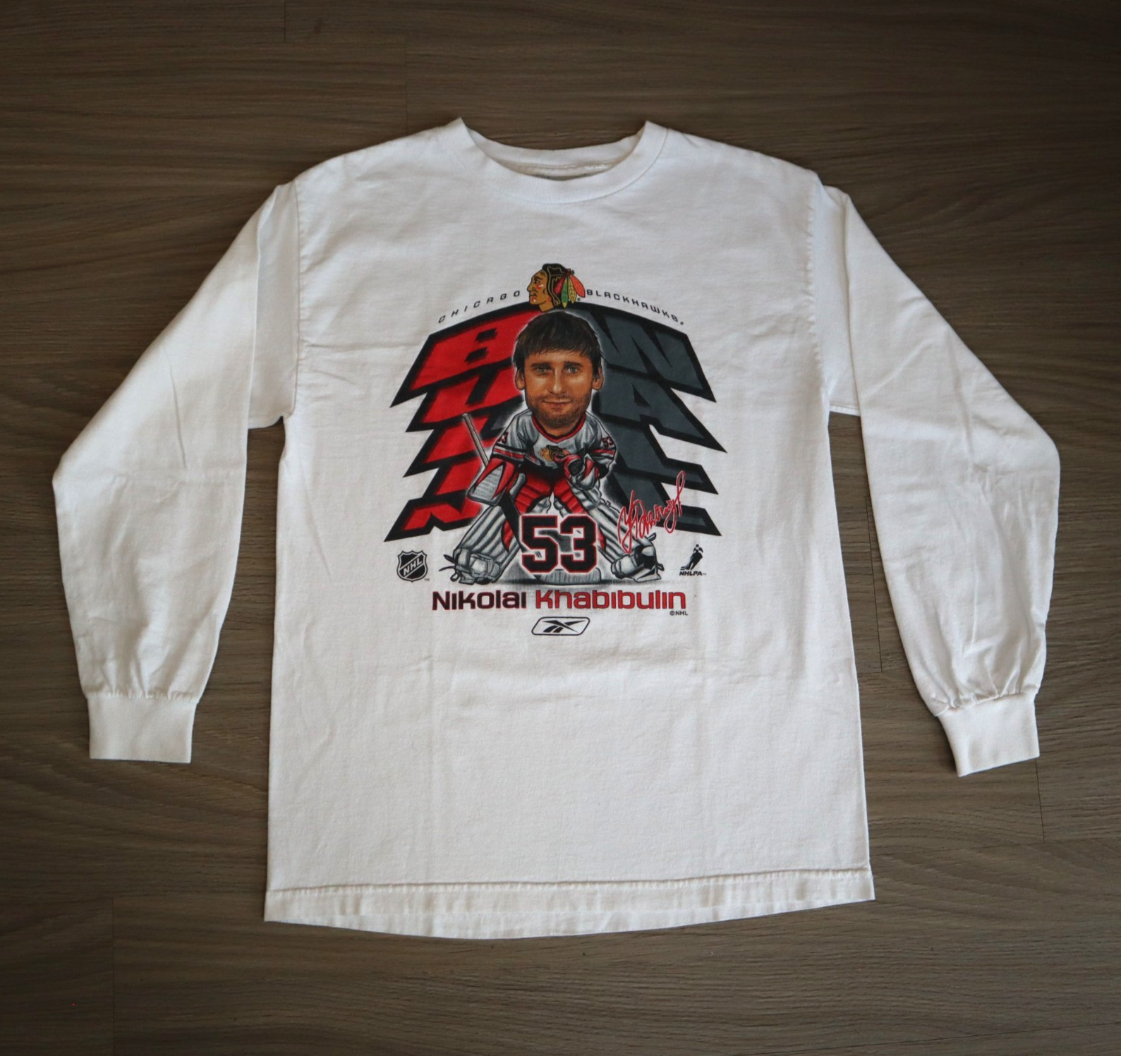 Vintage Y2K Nikolai Khabibulin Chicago Blackhawks Player Caricature LS Shirt M