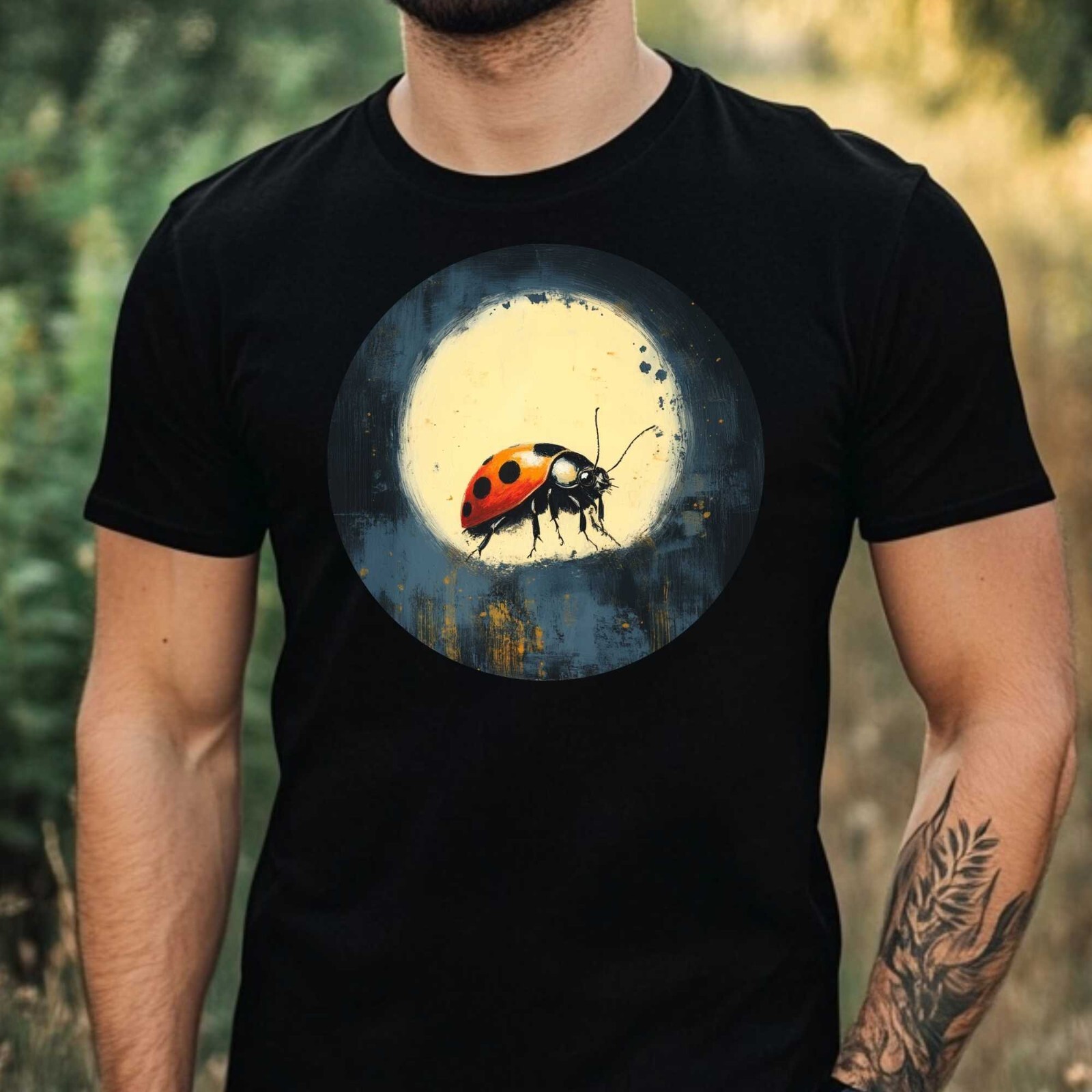 Mens Ladybug In The Moonlight Motif Cotton T-Shirt Size XS to 5XL