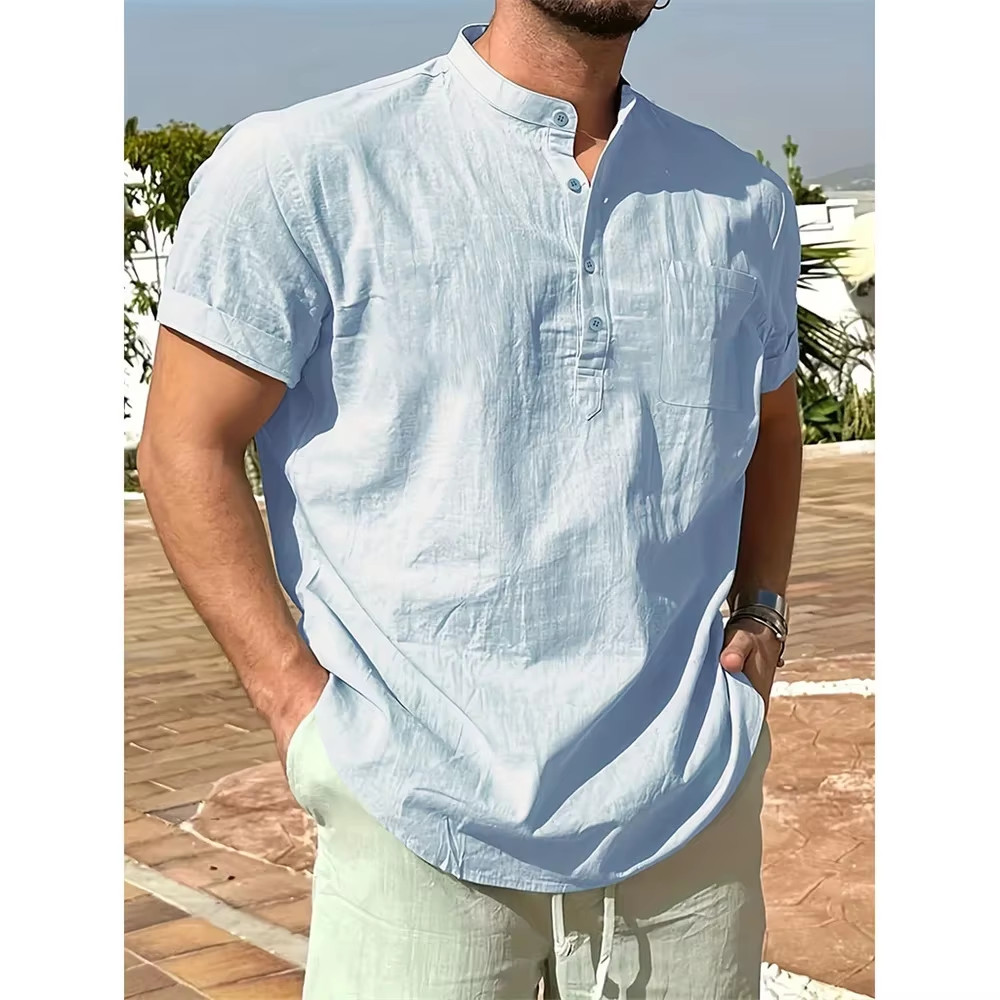 Men’s Cotton Linen Henley Shirt Summer Breathable Casual T-Shirt Tee Casual Gift gallery
