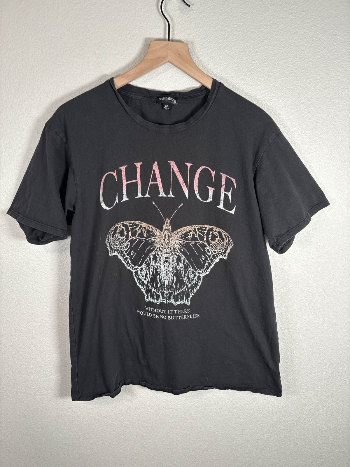 Originality Black Graphic T-Shirt M Butterfly Change Tee Womens gallery