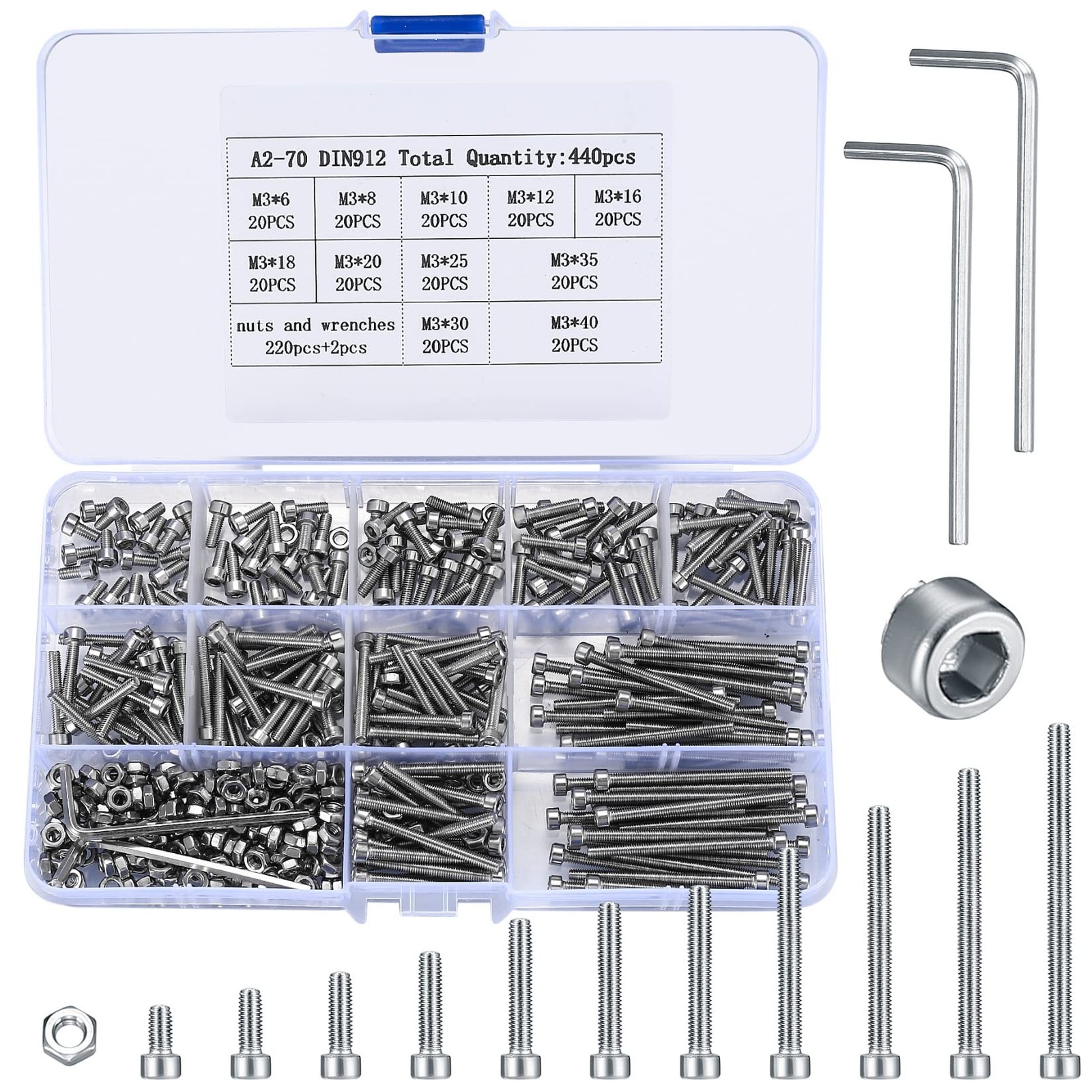 440 Pcs M3 Small Metric Screws with Nuts, Hex Socket Head Cap and Nut Assortm…
